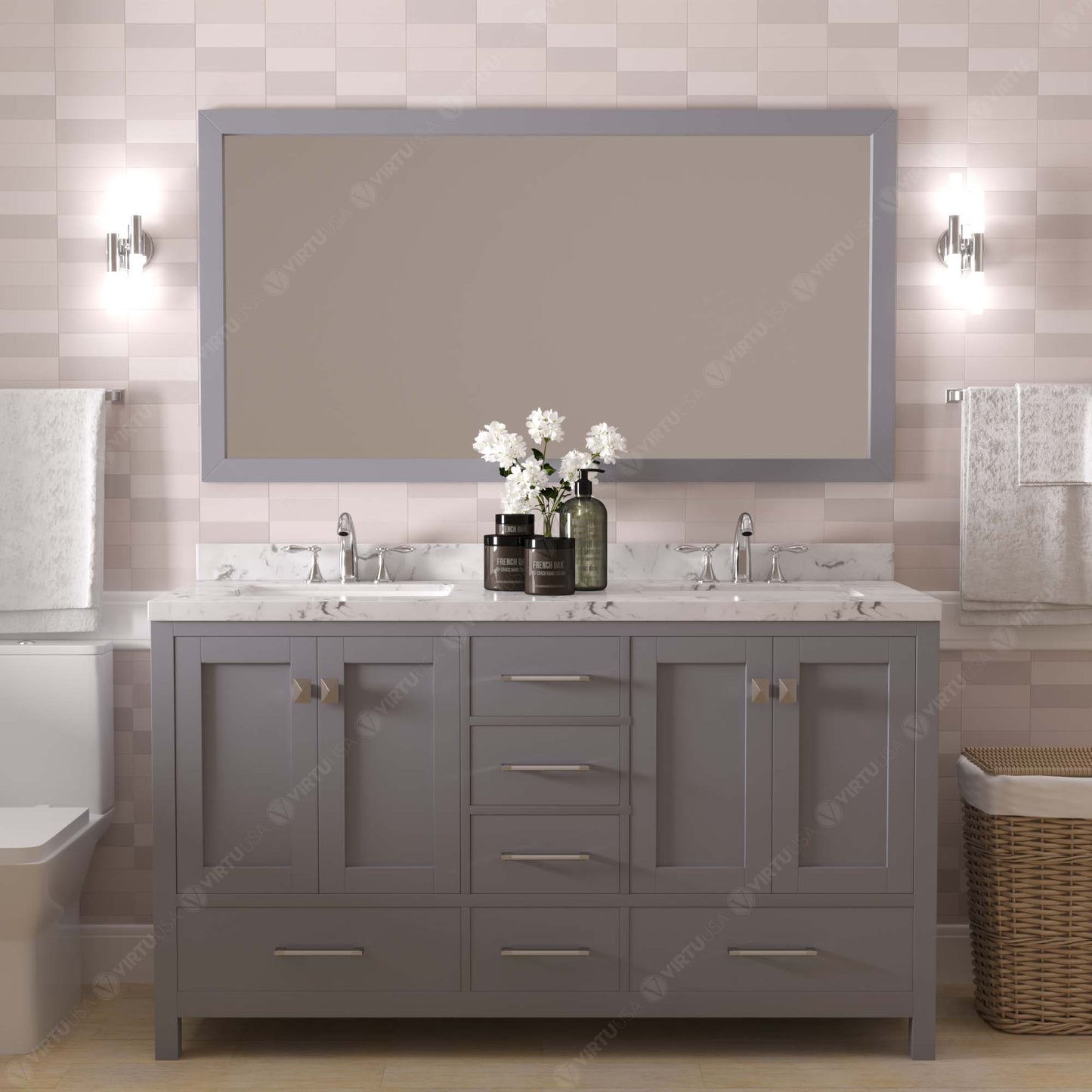 Caroline Avenue 60" Double Bath Vanity in Gray with Cultured Marble Quartz Top and Round Sinks