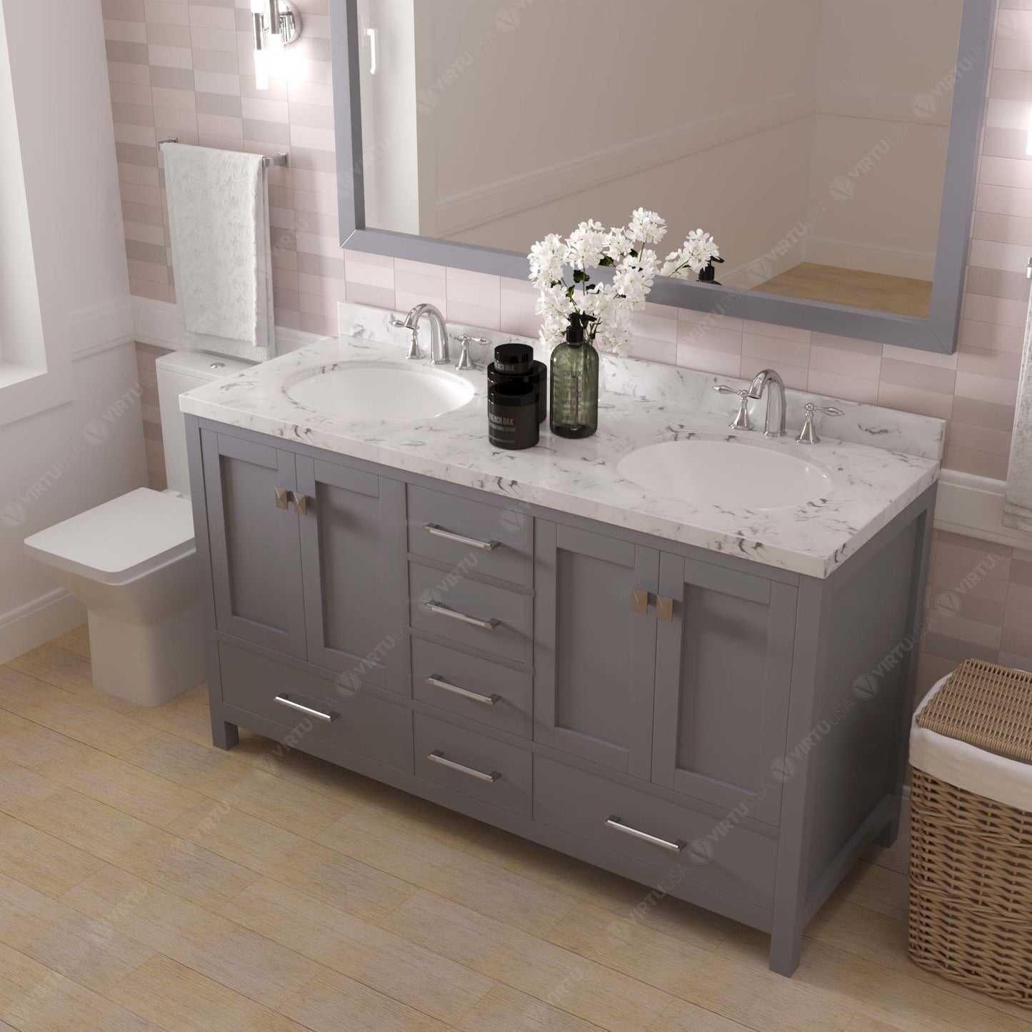 Caroline Avenue 60" Double Bath Vanity in Gray with Cultured Marble Quartz Top and Round Sinks