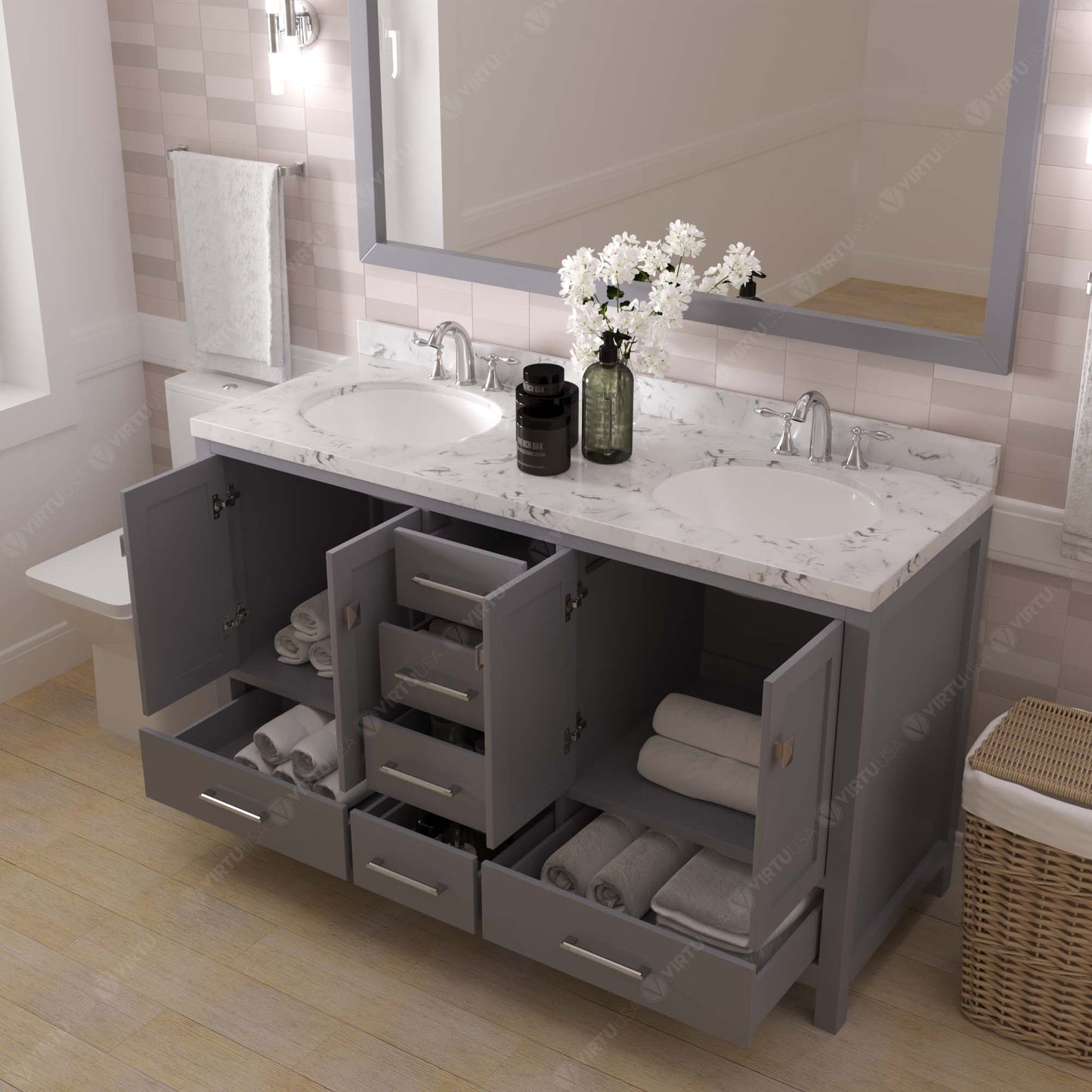 Caroline Avenue 60" Double Bath Vanity in Gray with Cultured Marble Quartz Top and Round Sinks