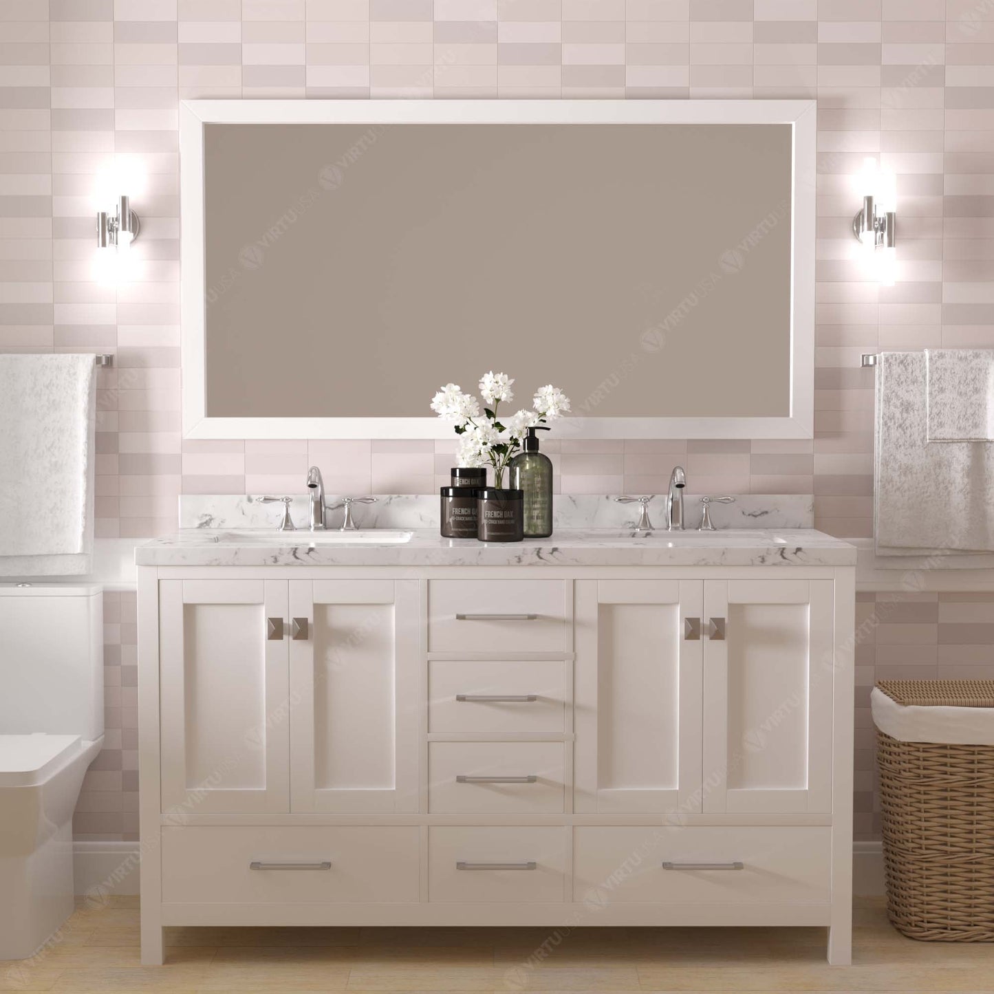Caroline Avenue 60" Double Bath Vanity in White with Cultured Marble Quartz Top and Round Sinks
