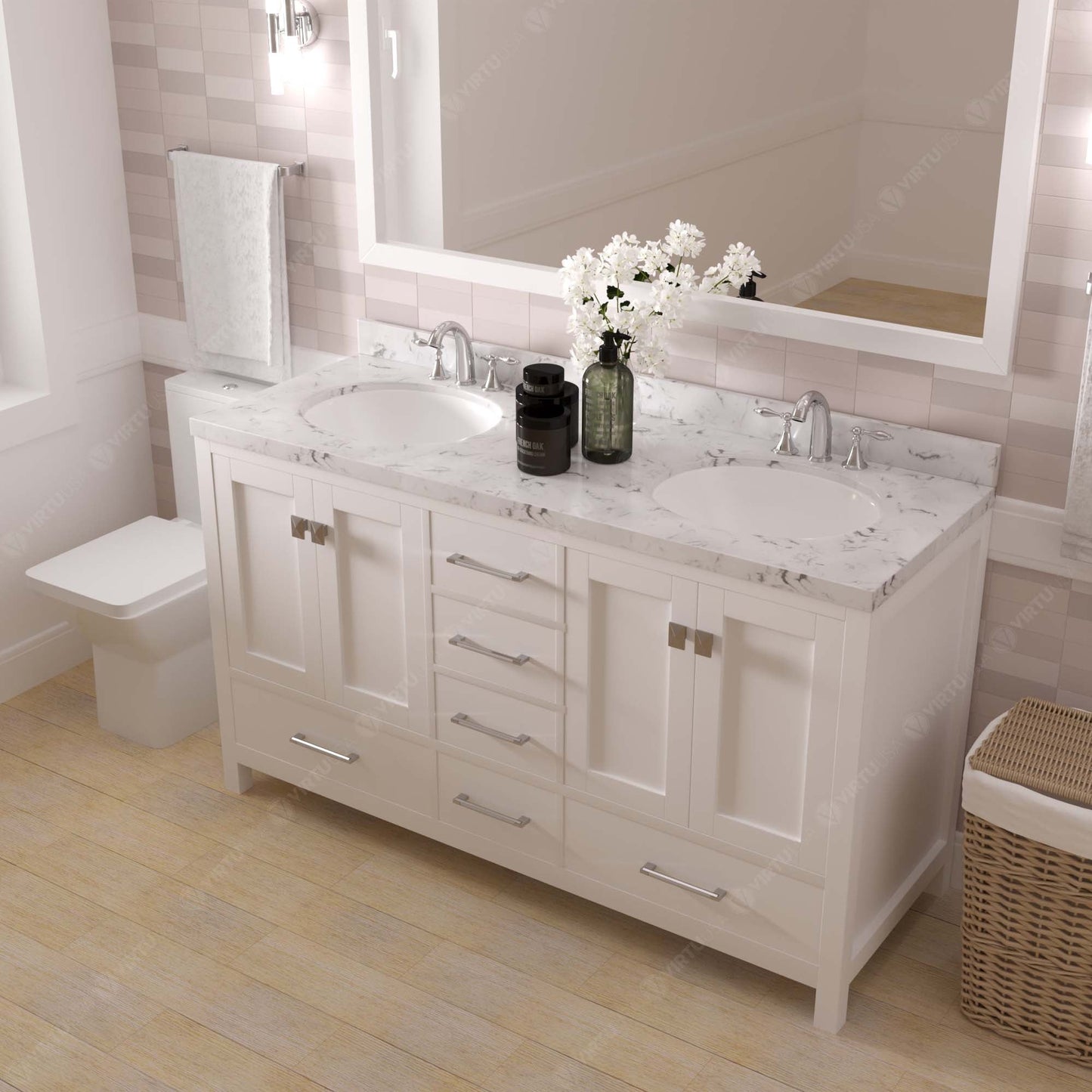 Caroline Avenue 60" Double Bath Vanity in White with Cultured Marble Quartz Top and Round Sinks