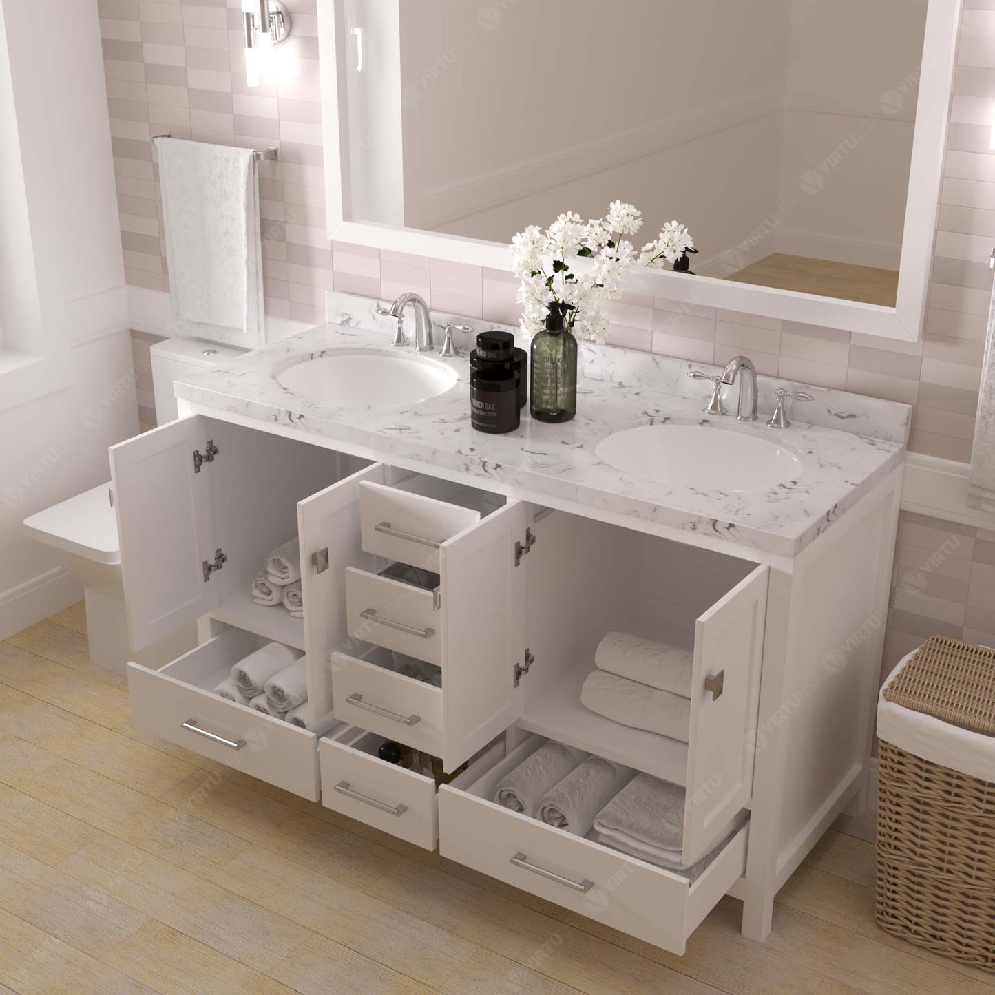 Caroline Avenue 60" Double Bath Vanity in White with Cultured Marble Quartz Top and Round Sinks