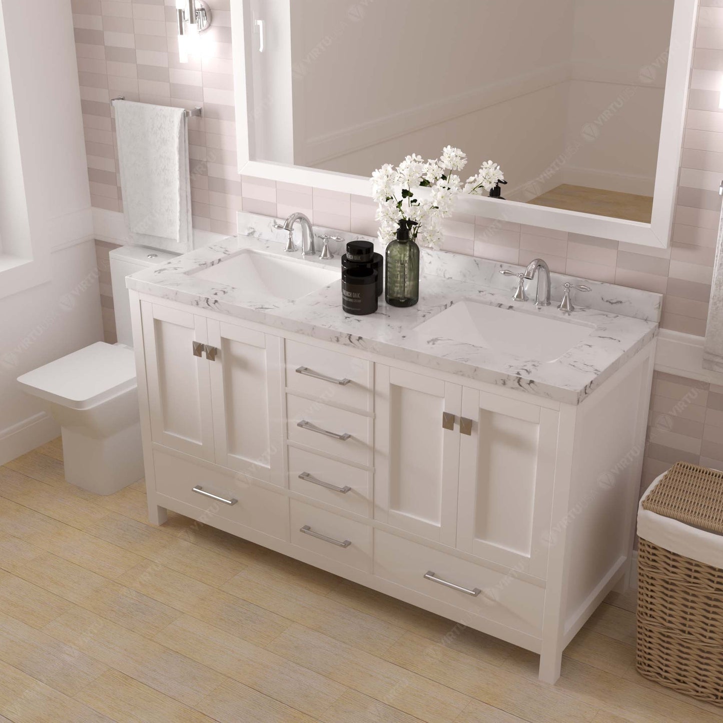 Caroline Avenue 60" Double Bath Vanity in White with Cultured Marble Quartz Top and Square Sinks