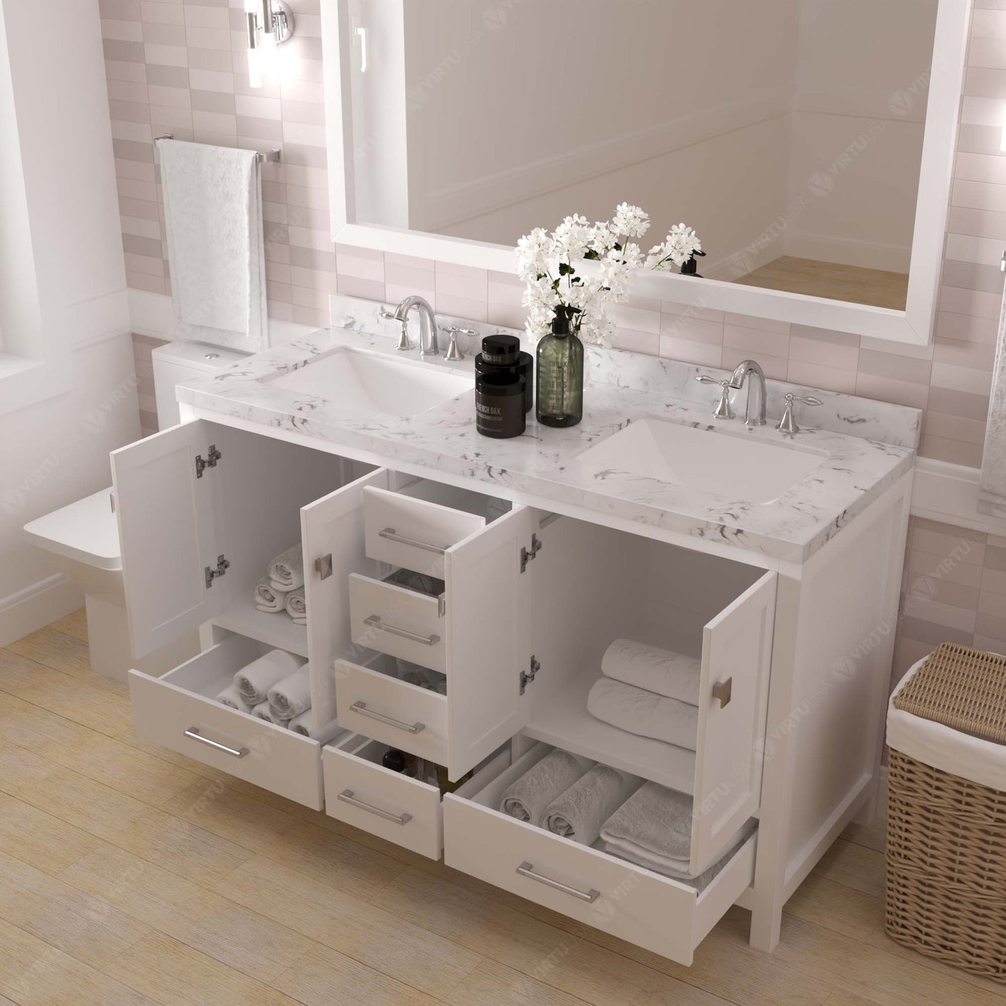 Caroline Avenue 60" Double Bath Vanity in White with Cultured Marble Quartz Top and Square Sinks