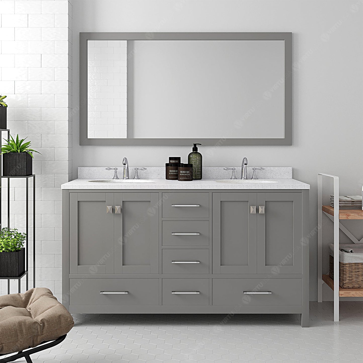 Caroline Avenue 60" Double Bath Vanity in Gray with White Quartz Top and Round Sinks