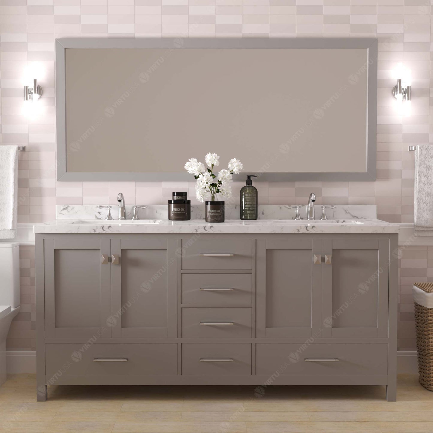 Caroline Avenue 72" Double Bath Vanity in Gray with Cultured Marble Quartz Top and Square Sinks