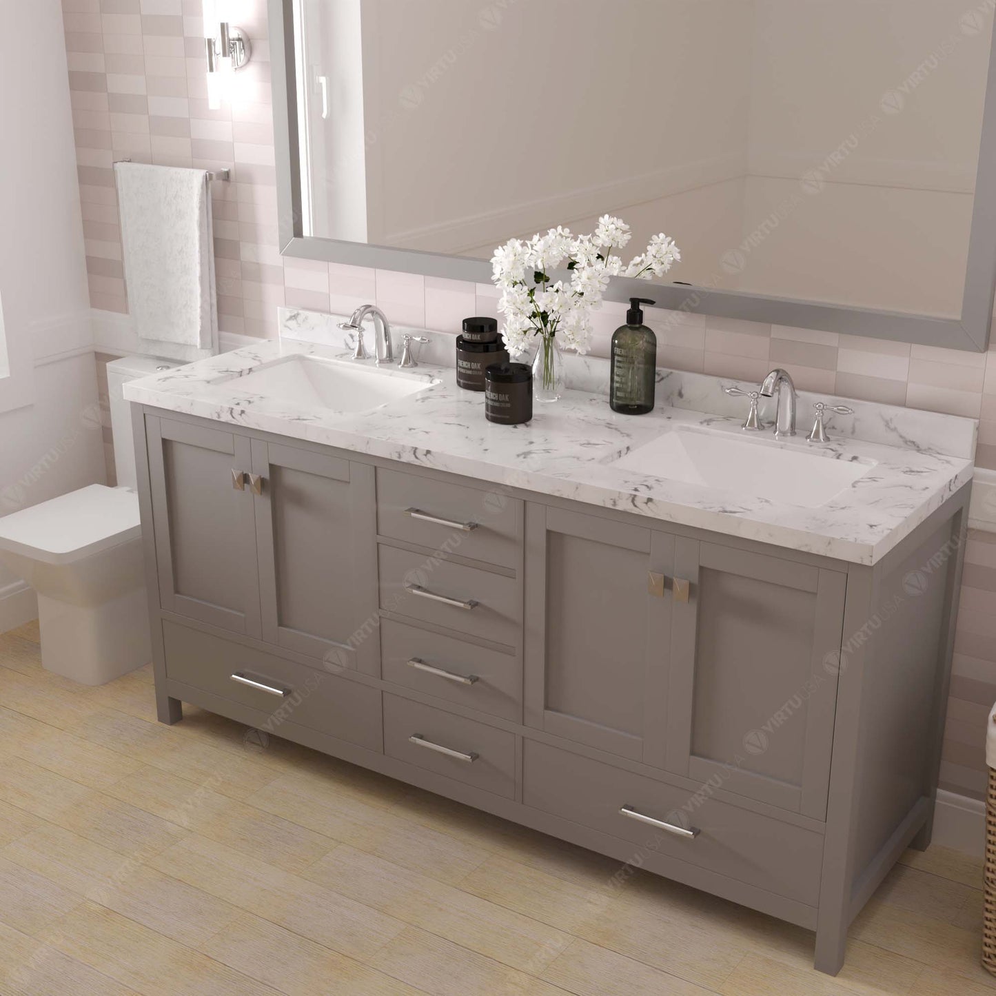 Caroline Avenue 72" Double Bath Vanity in Gray with Cultured Marble Quartz Top and Square Sinks
