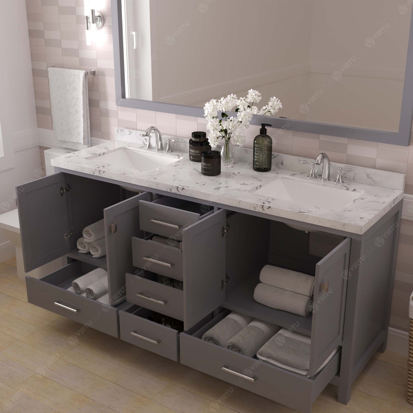 Caroline Avenue 72" Double Bath Vanity in Gray with Cultured Marble Quartz Top and Square Sinks
