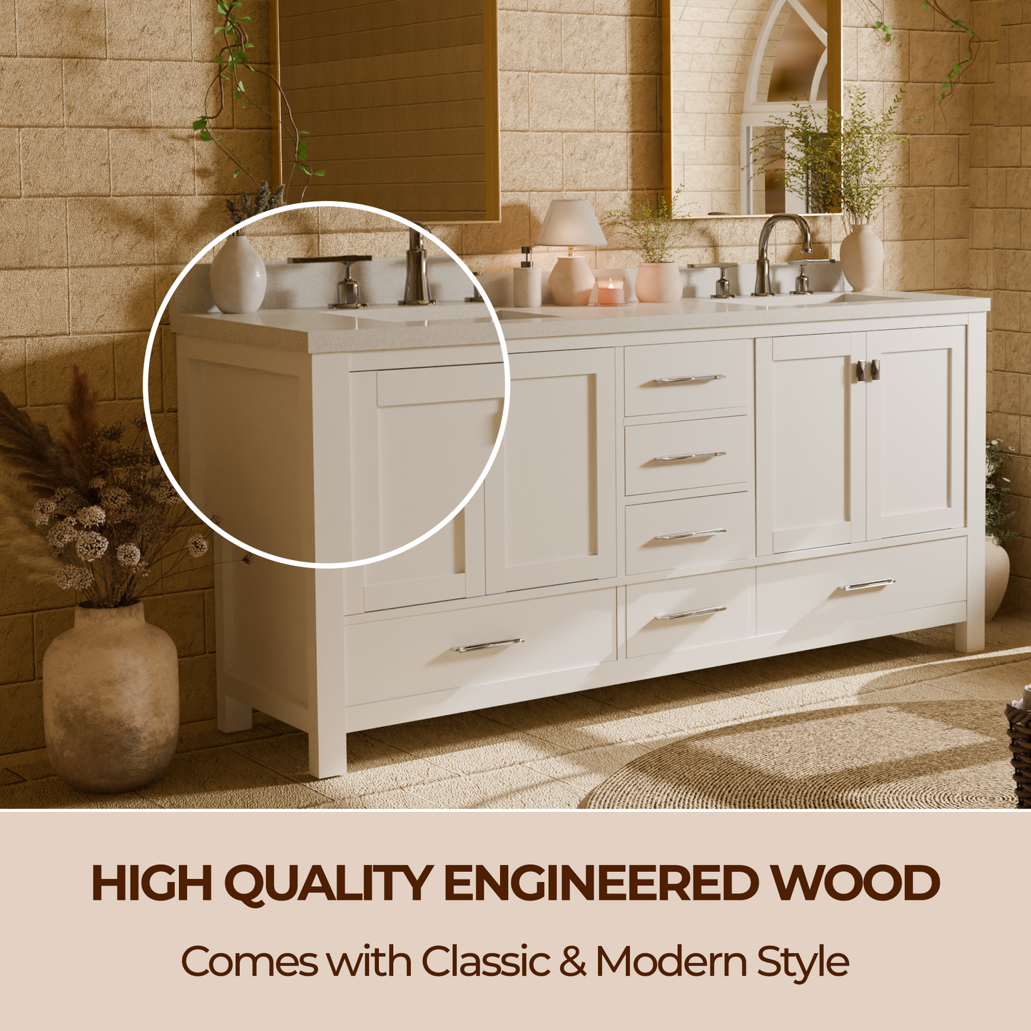 Caroline Avenue 72" Double Bath Vanity in White with White Quartz Top and Square Sinks