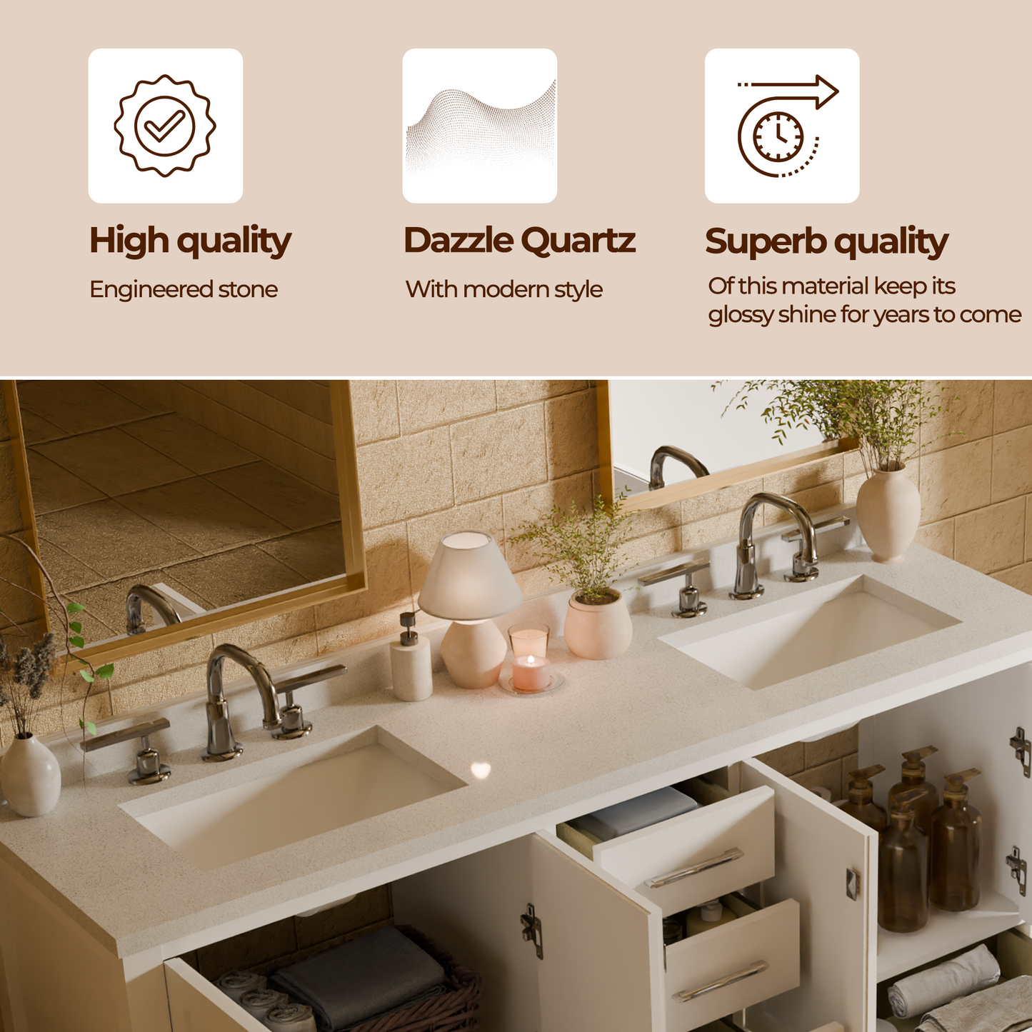 Caroline Avenue 72" Double Bath Vanity in White with White Quartz Top and Square Sinks