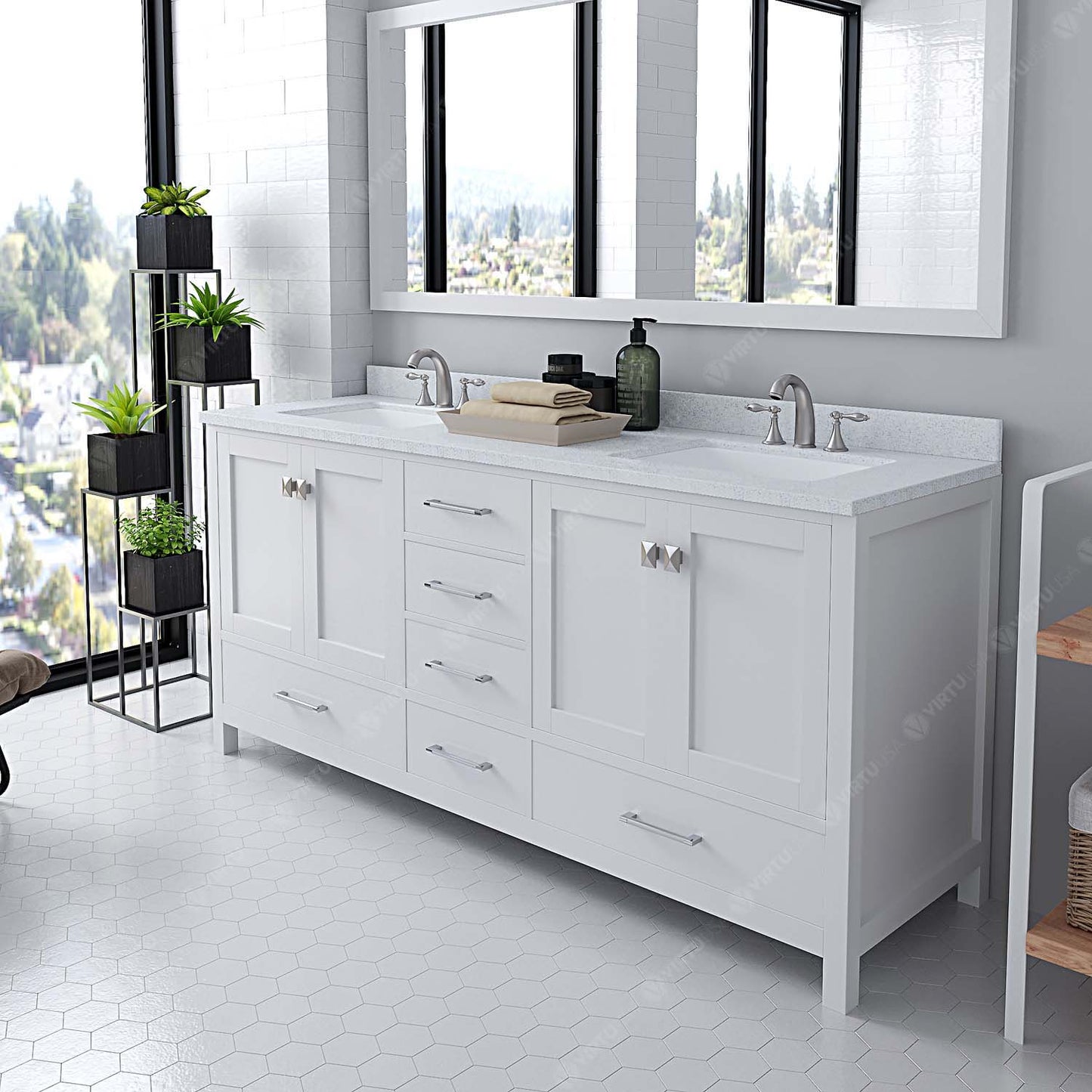 Caroline Avenue 72" Double Bath Vanity in White with White Quartz Top and Square Sinks