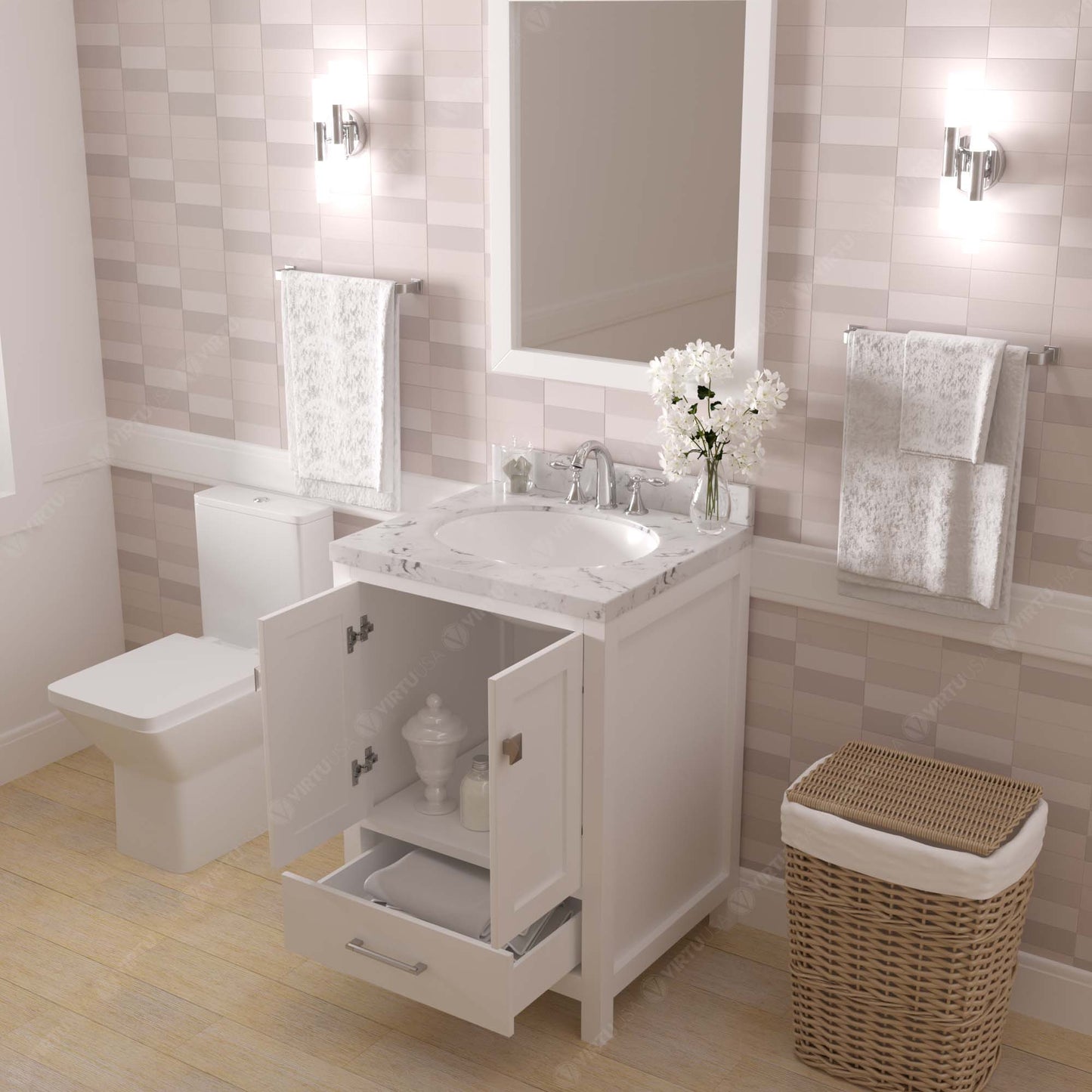 Caroline Avenue 24" Single Bath Vanity in White with Cultured Marble Quartz Top and Round Sink