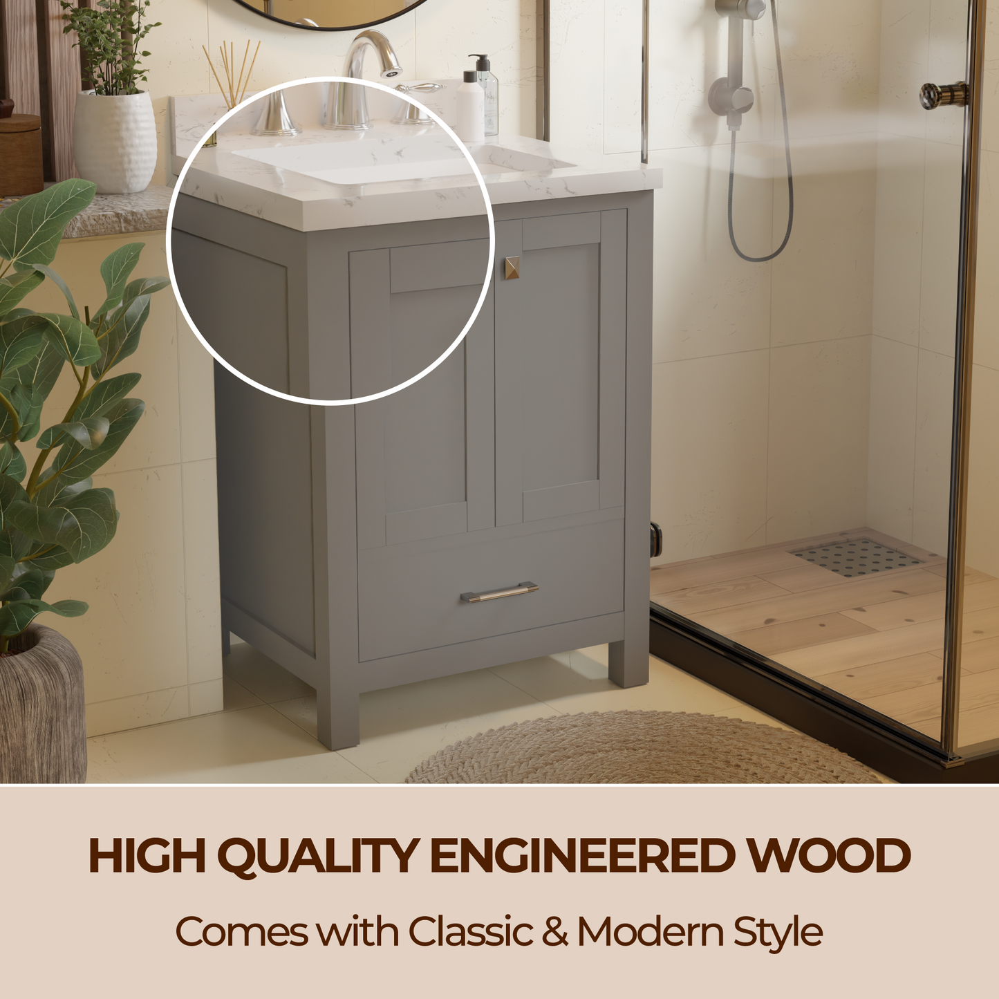 Caroline Avenue 24" Single Bath Vanity in Gray with Cultured Marble Quartz Top and Square Sink