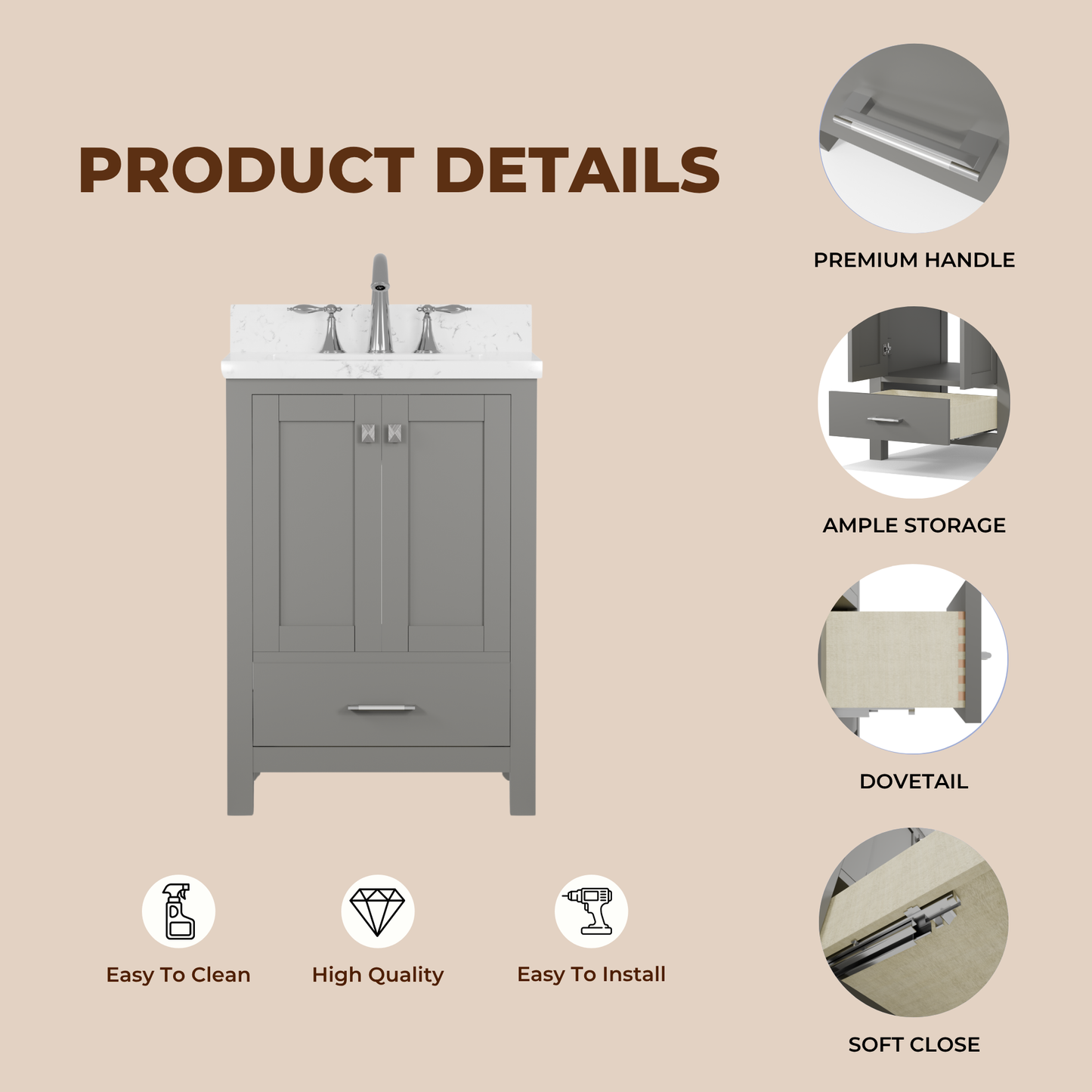Caroline Avenue 24" Single Bath Vanity in Gray with Cultured Marble Quartz Top and Square Sink