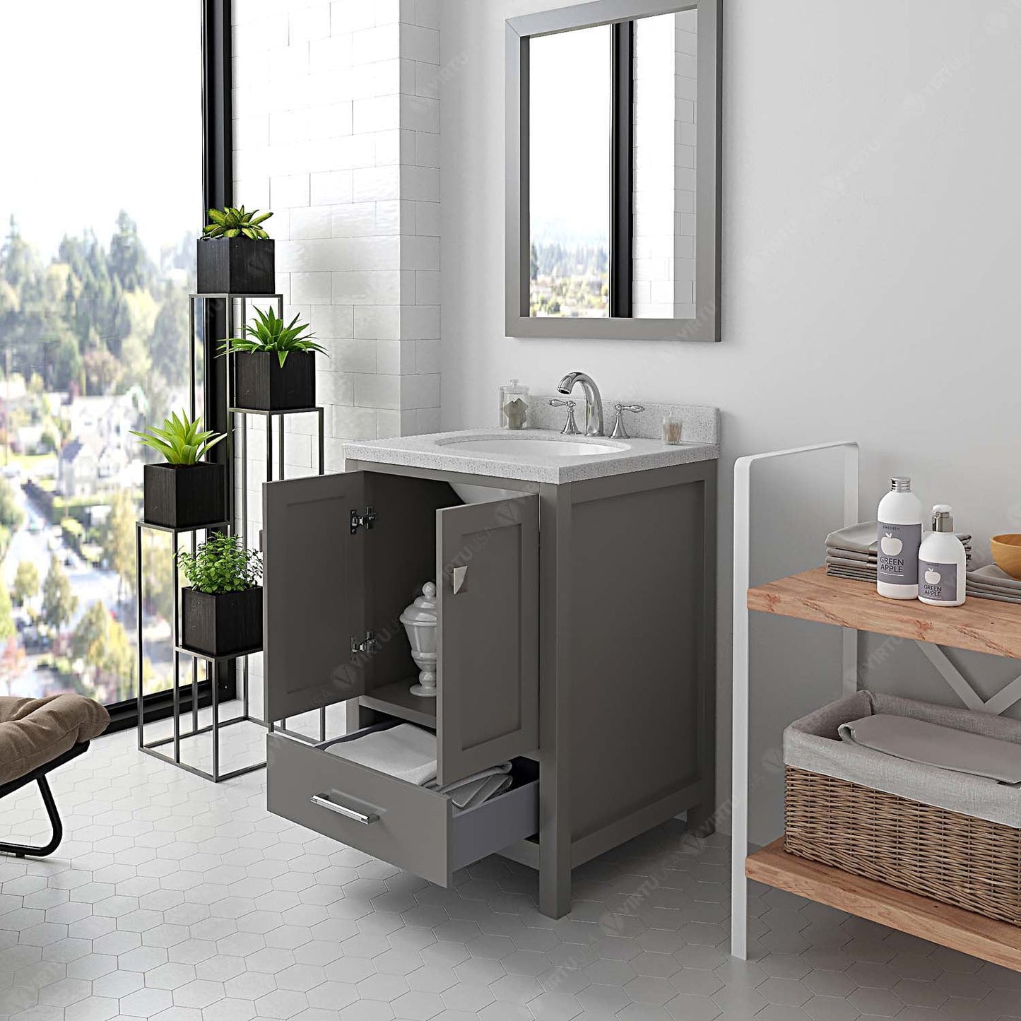Caroline Avenue 24" Single Bath Vanity in Gray with White Quartz Top and Round Sink