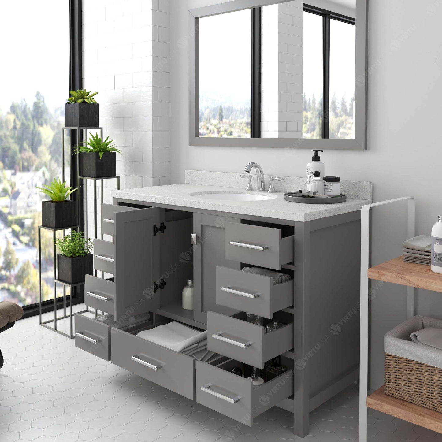 Caroline Avenue 48" Single Bath Vanity in Gray with White Quartz Top and Round Sink