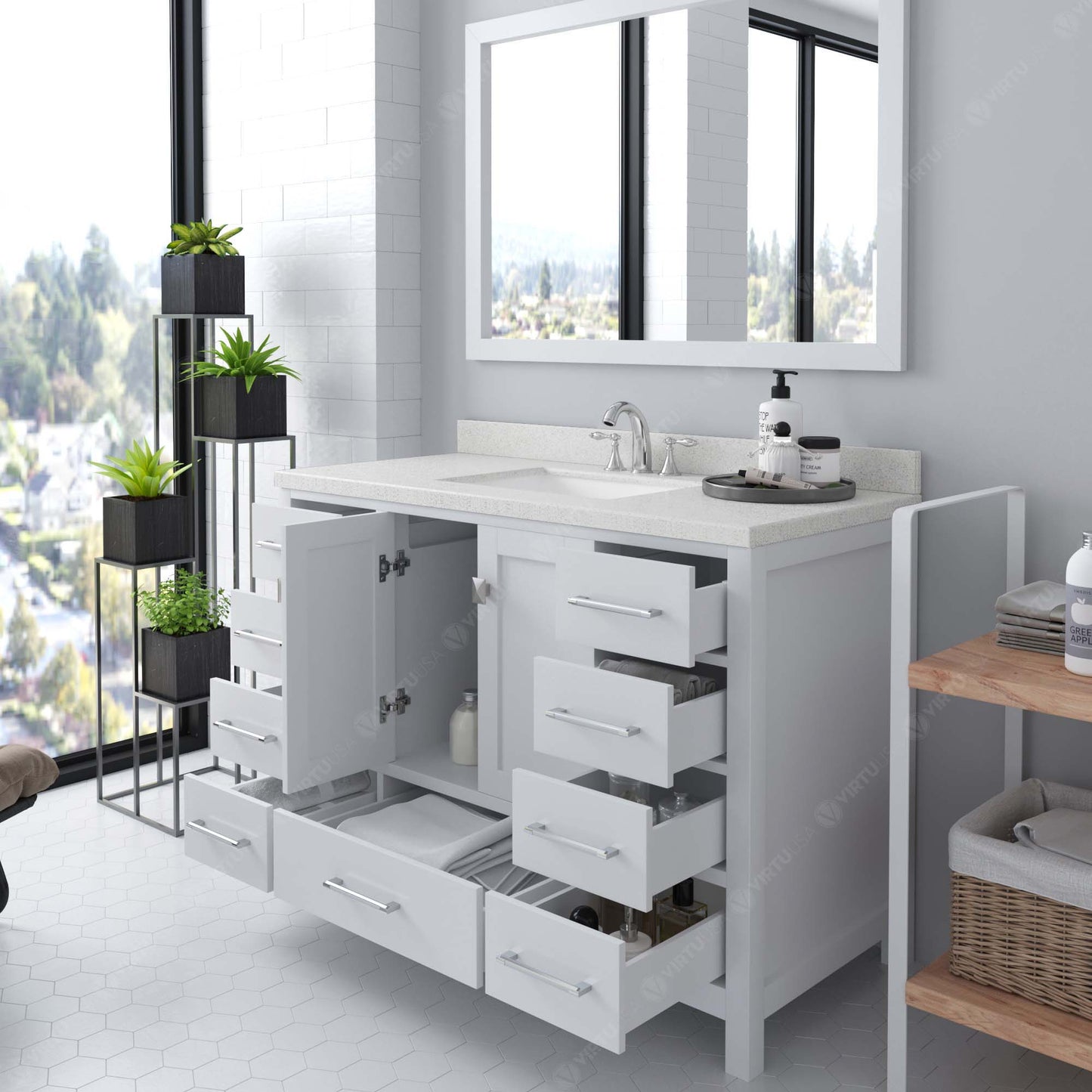 Caroline Avenue 48" Single Bath Vanity in White with White Quartz Top and Square Sink