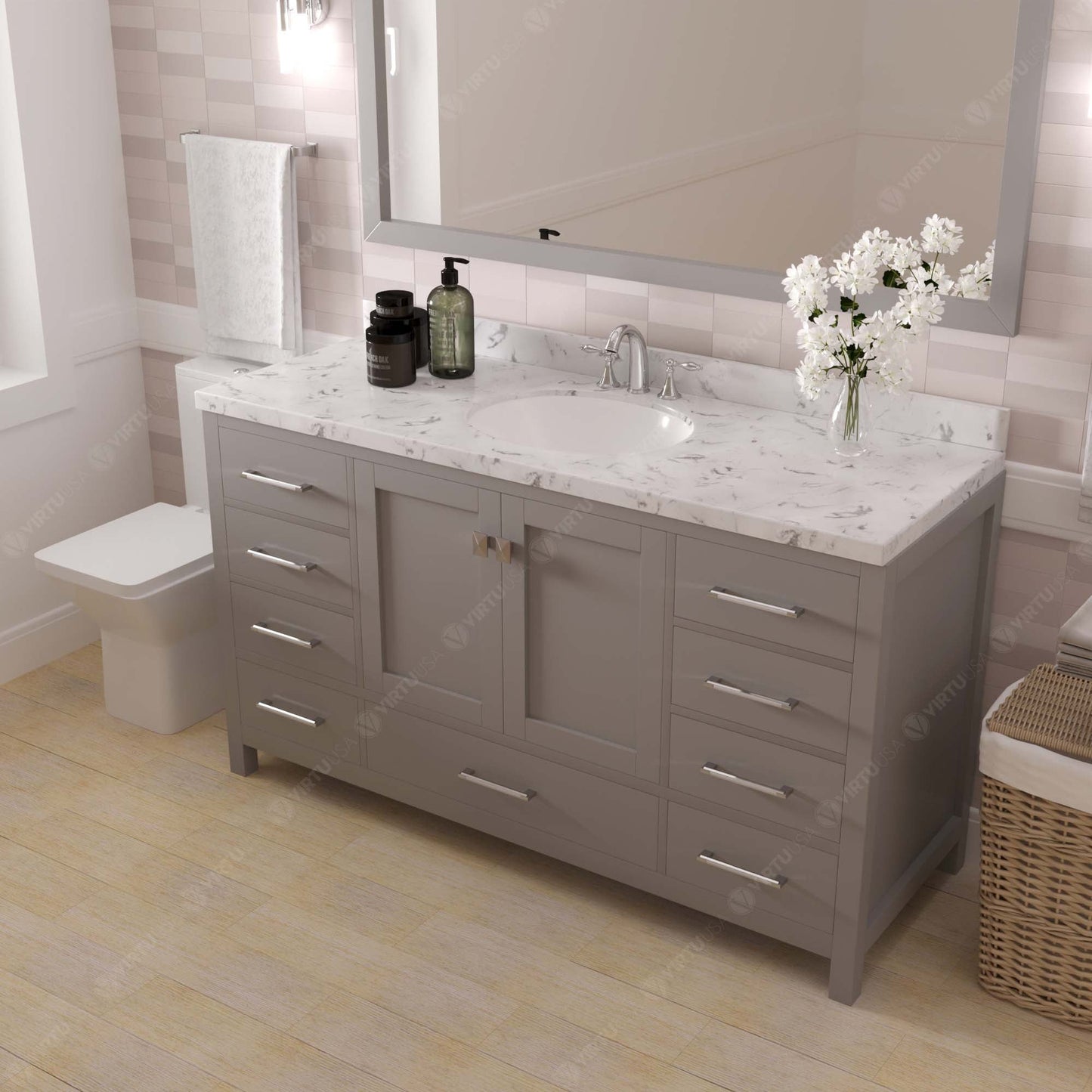 Caroline Avenue 60" Single Bath Vanity in Gray with Cultured Marble Quartz Top and Round Sink