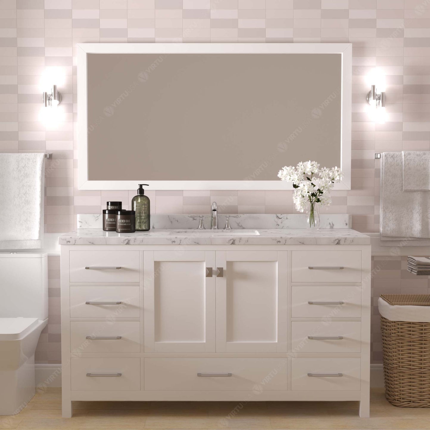 Caroline Avenue 60" Single Bath Vanity in White with Cultured Marble Quartz Top and Round Sink