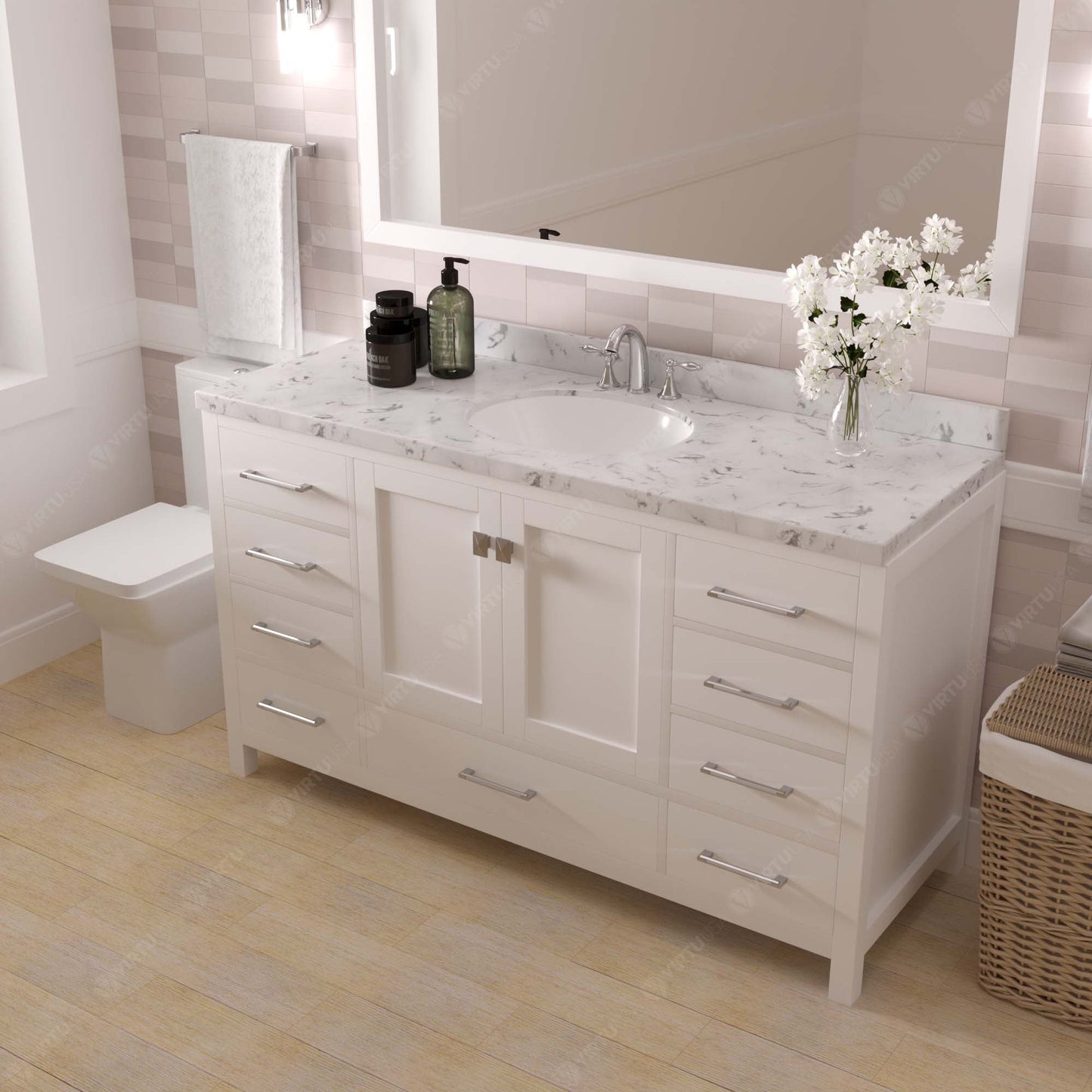 Caroline Avenue 60" Single Bath Vanity in White with Cultured Marble Quartz Top and Round Sink