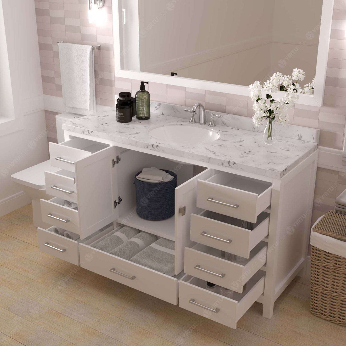 Caroline Avenue 60" Single Bath Vanity in White with Cultured Marble Quartz Top and Round Sink