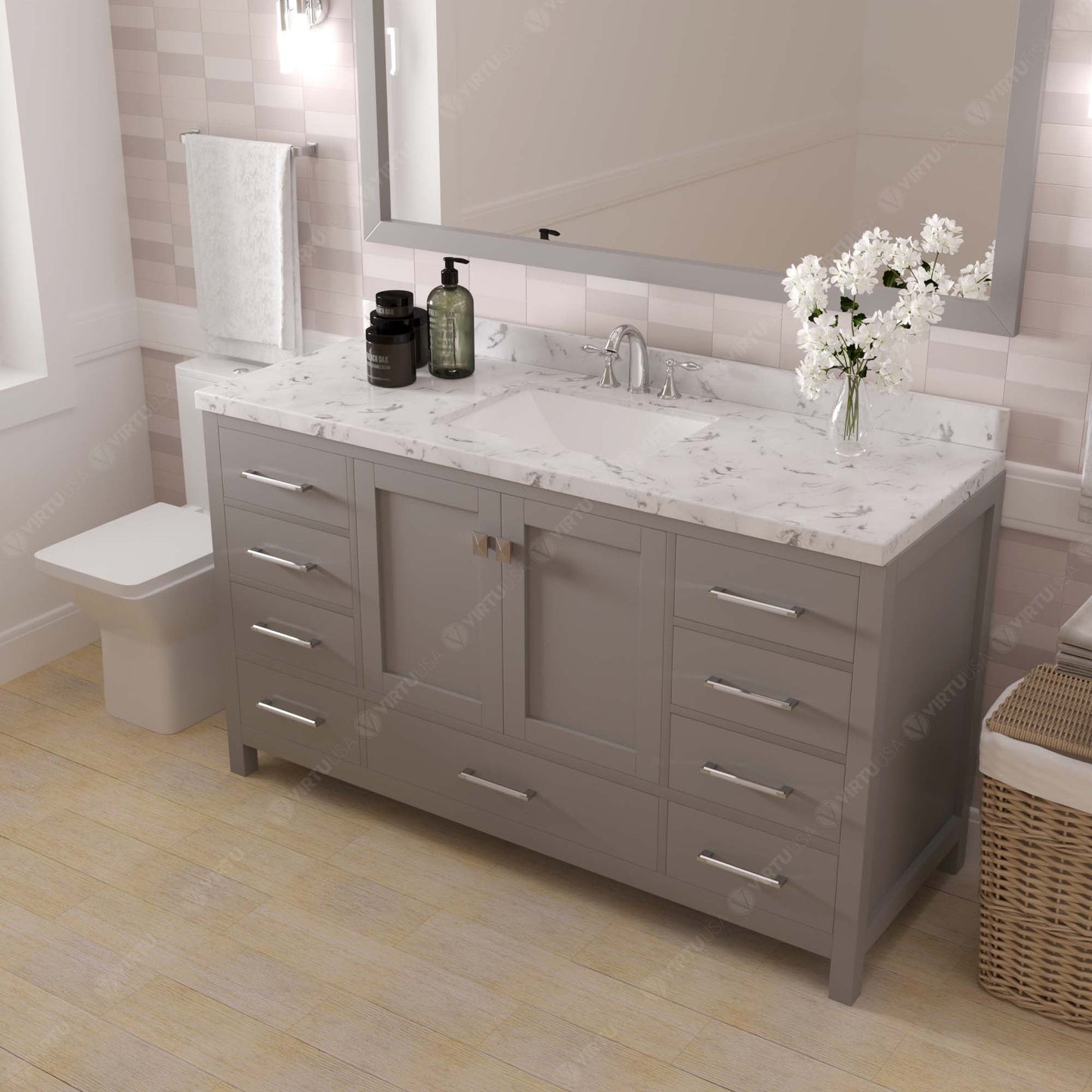 Caroline Avenue 60" Single Bath Vanity in Gray with Cultured Marble Quartz Top and Square Sink