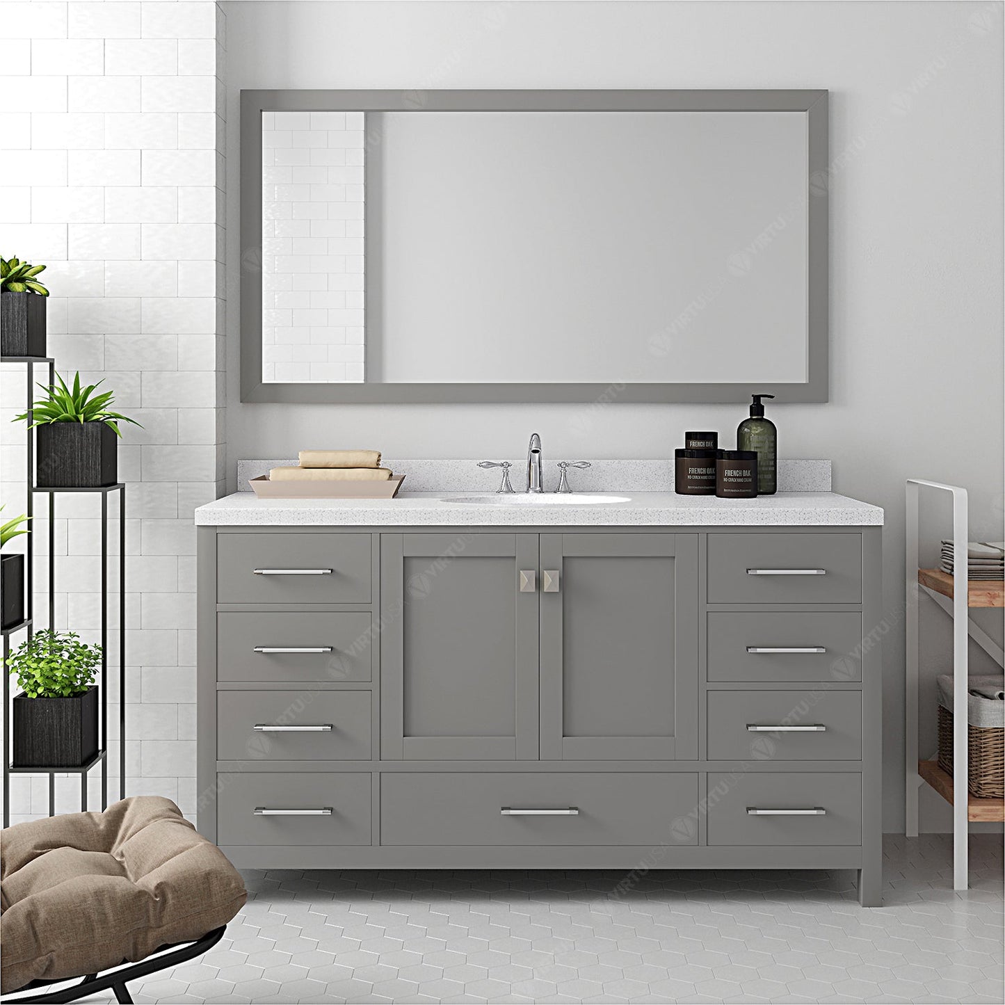 Caroline Avenue 60" Single Bath Vanity in Gray with White Quartz Top and Round Sink