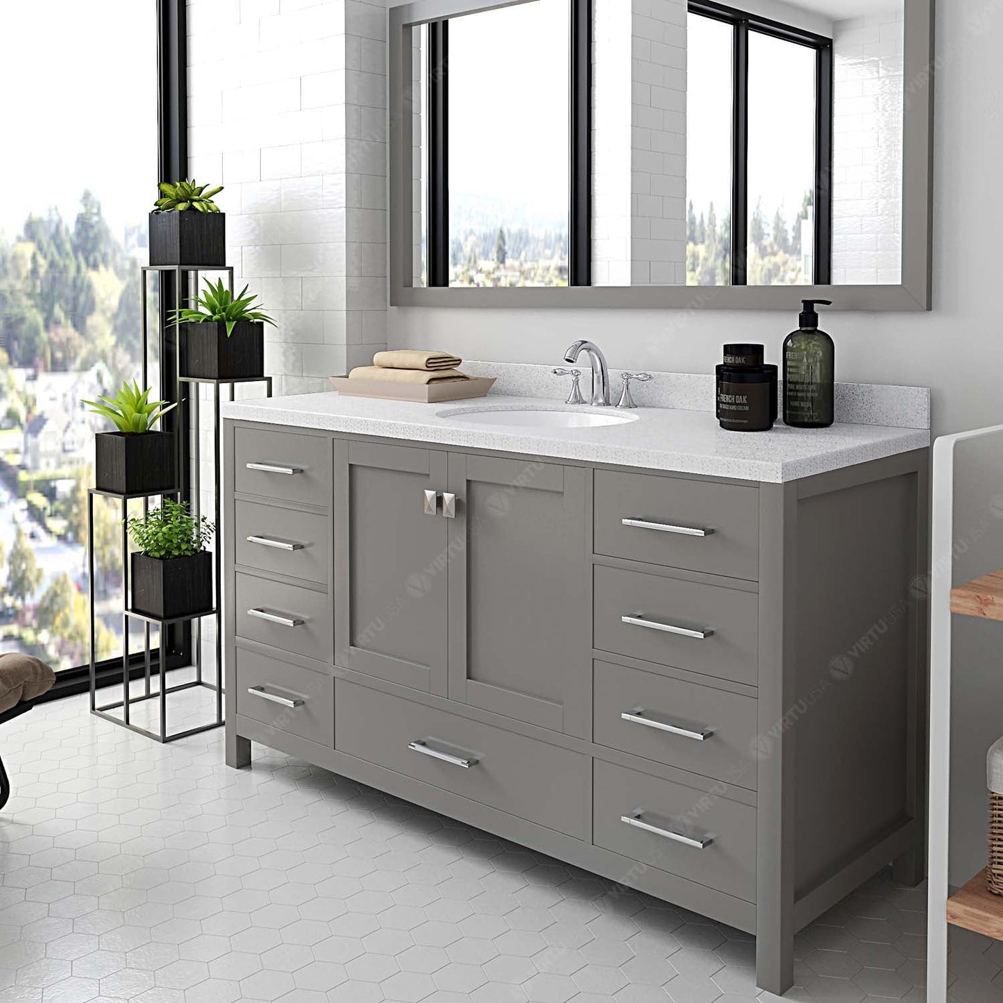 Caroline Avenue 60" Single Bath Vanity in Gray with White Quartz Top and Round Sink