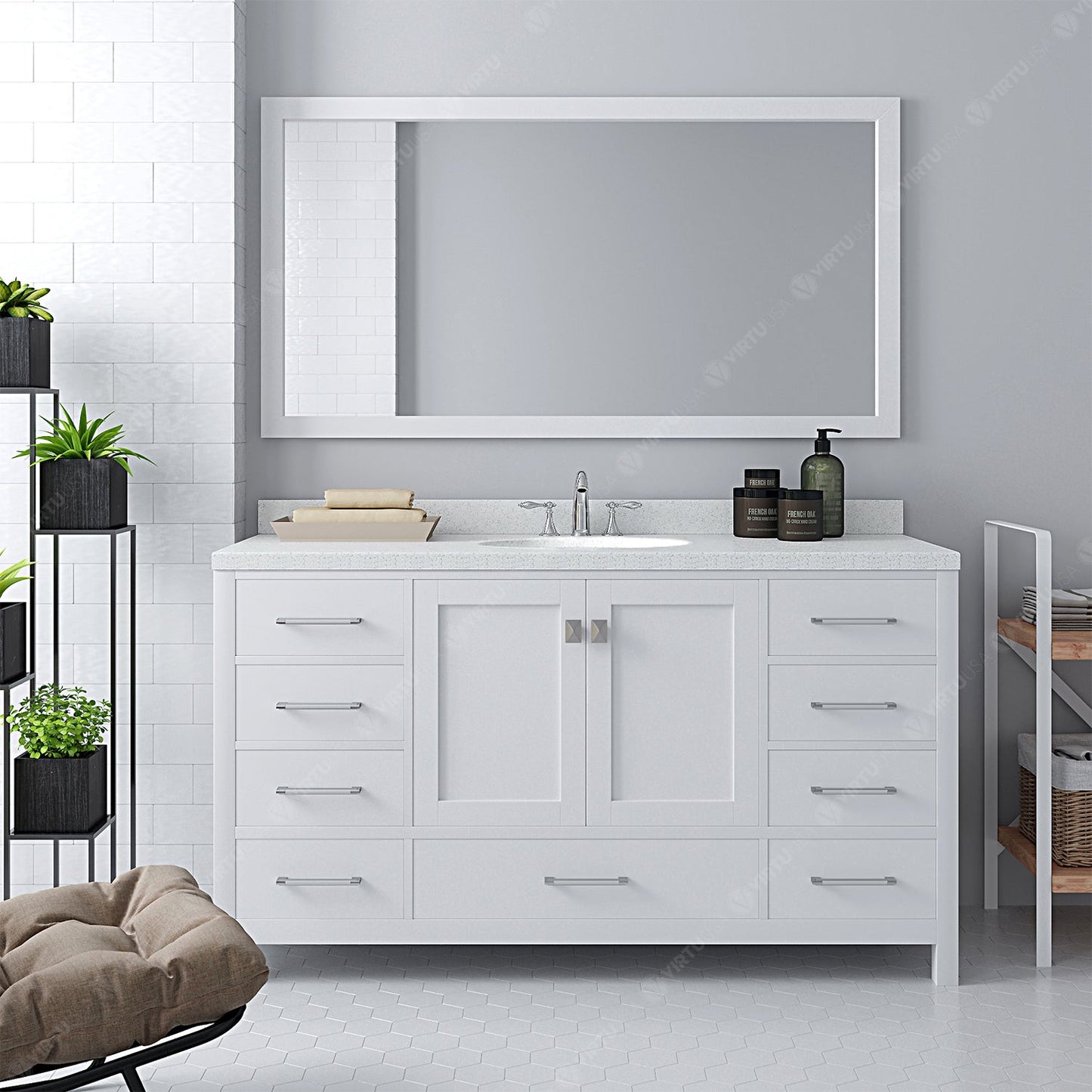 Caroline Avenue 60" Single Bath Vanity in White with White Quartz Top and Round Sink