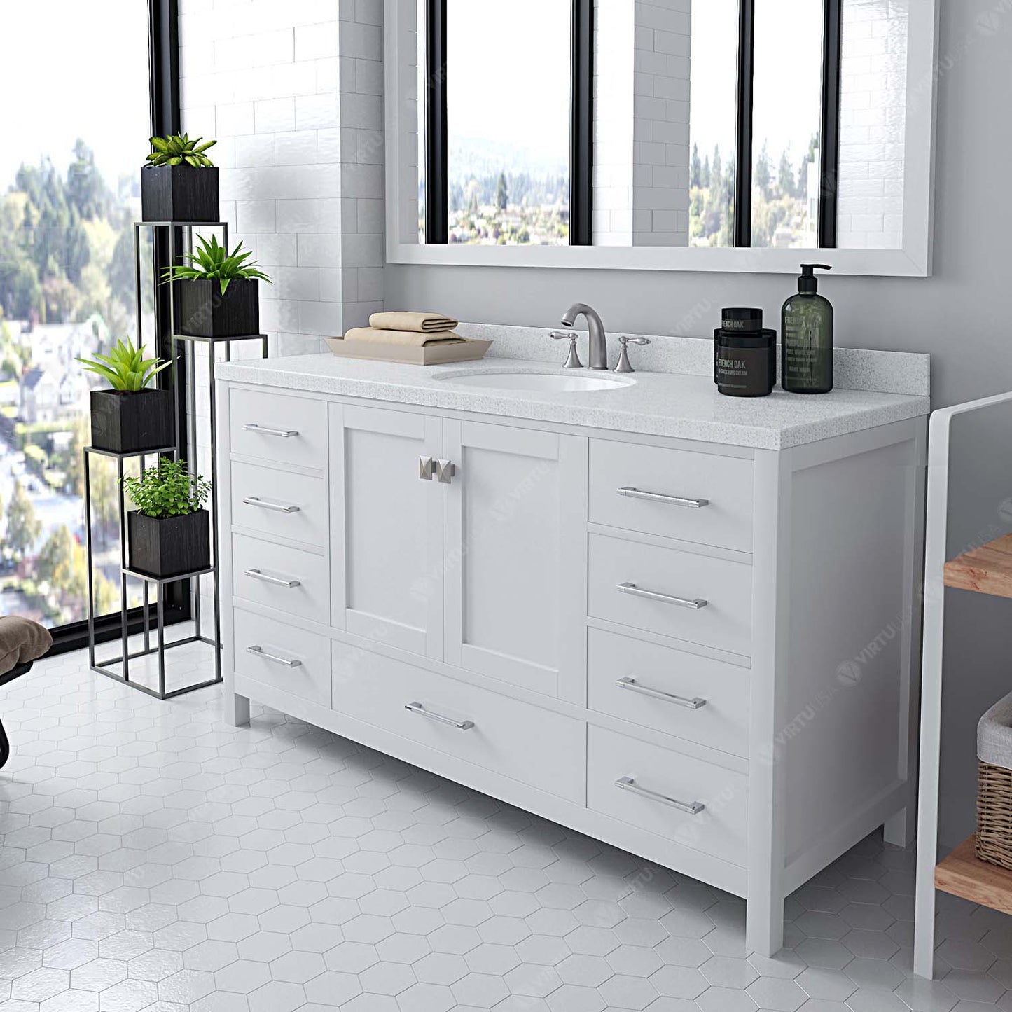 Caroline Avenue 60" Single Bath Vanity in White with White Quartz Top and Round Sink