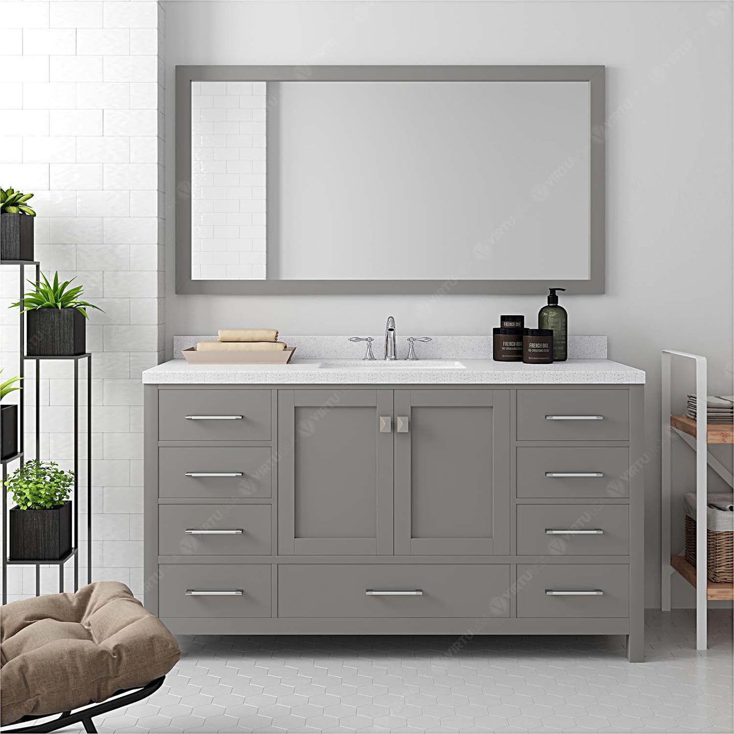 Caroline Avenue 60" Single Bath Vanity in Gray with White Quartz Top and Square Sink