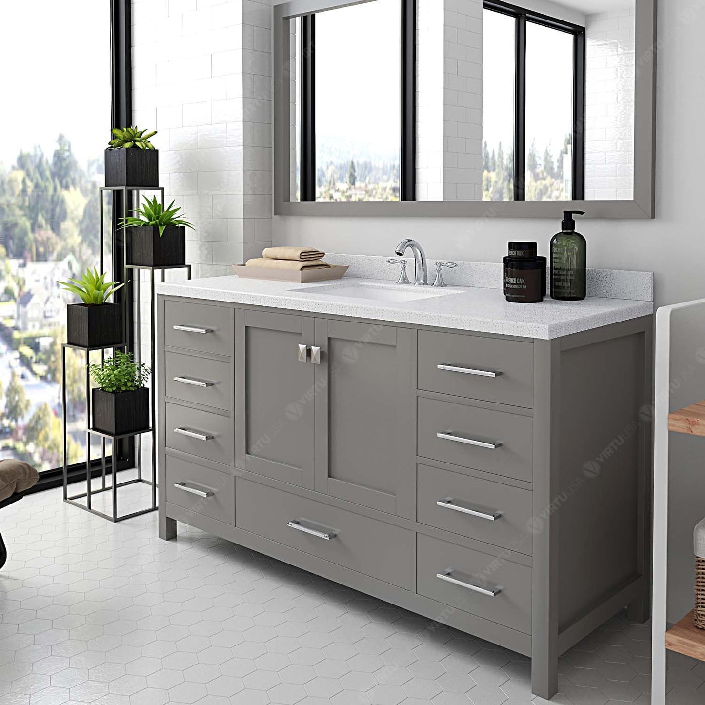 Caroline Avenue 60" Single Bath Vanity in Gray with White Quartz Top and Square Sink
