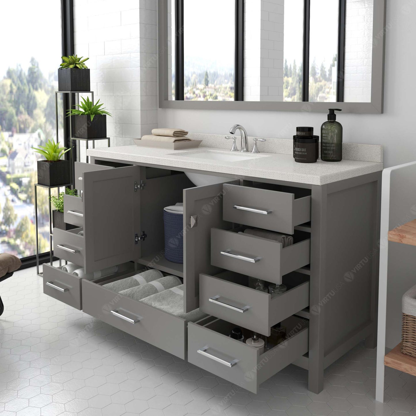 Caroline Avenue 60" Single Bath Vanity in Gray with White Quartz Top and Square Sink