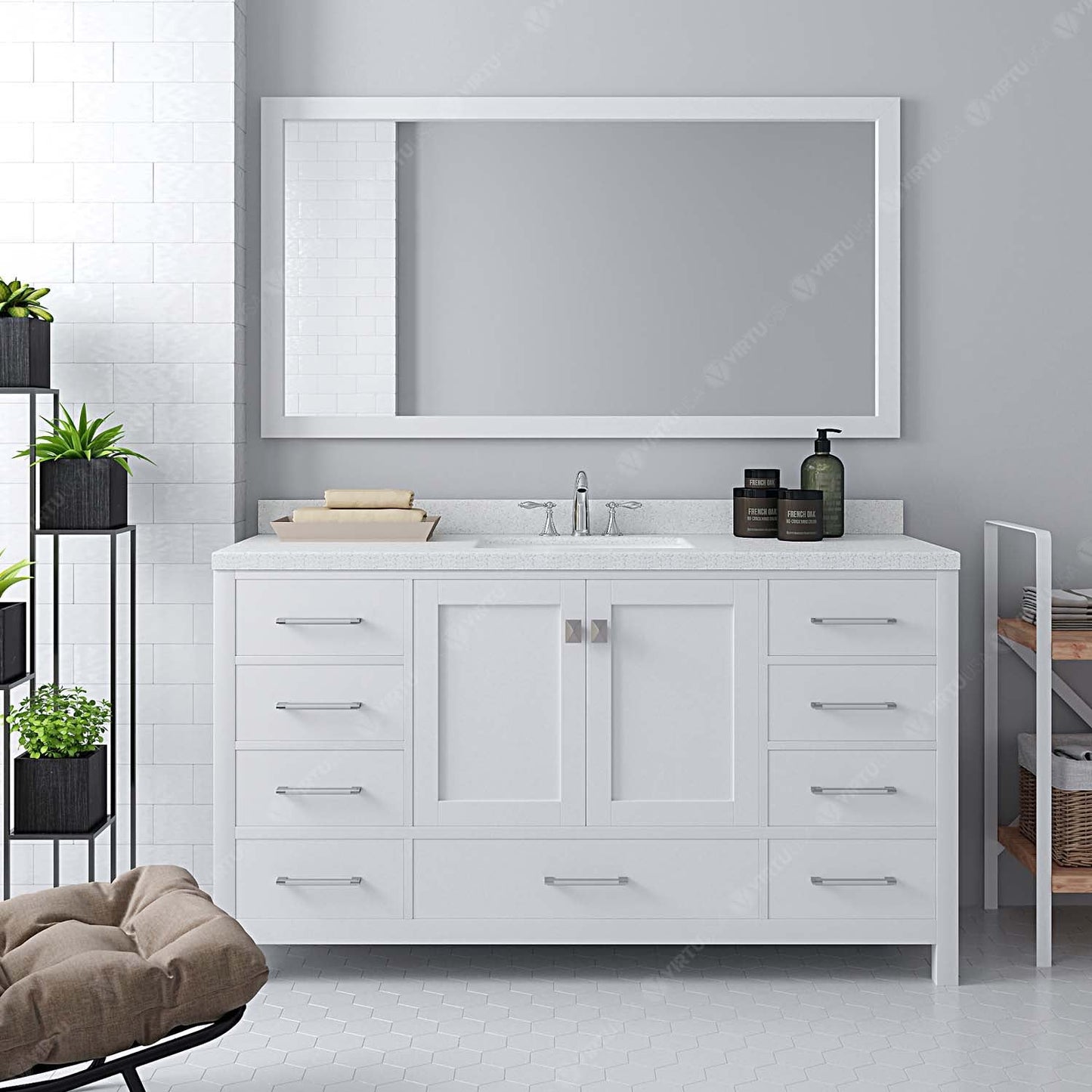 Caroline Avenue 60" Single Bath Vanity in White with White Quartz Top and Square Sink