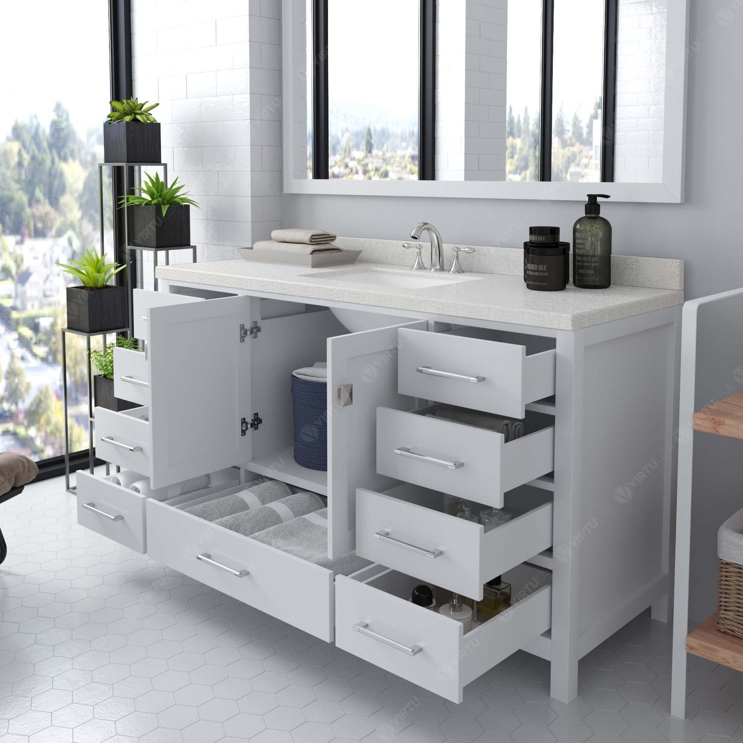 Caroline Avenue 60" Single Bath Vanity in White with White Quartz Top and Square Sink