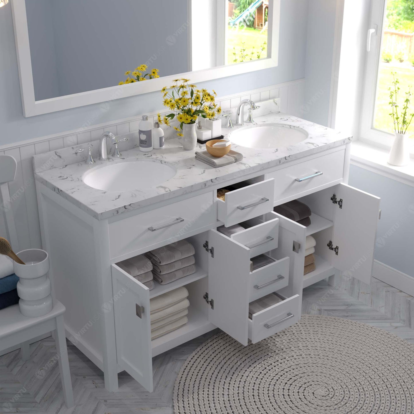 Caroline 60" Single Bath Vanity in White with Cultured Marble Quartz Top and Round Sink