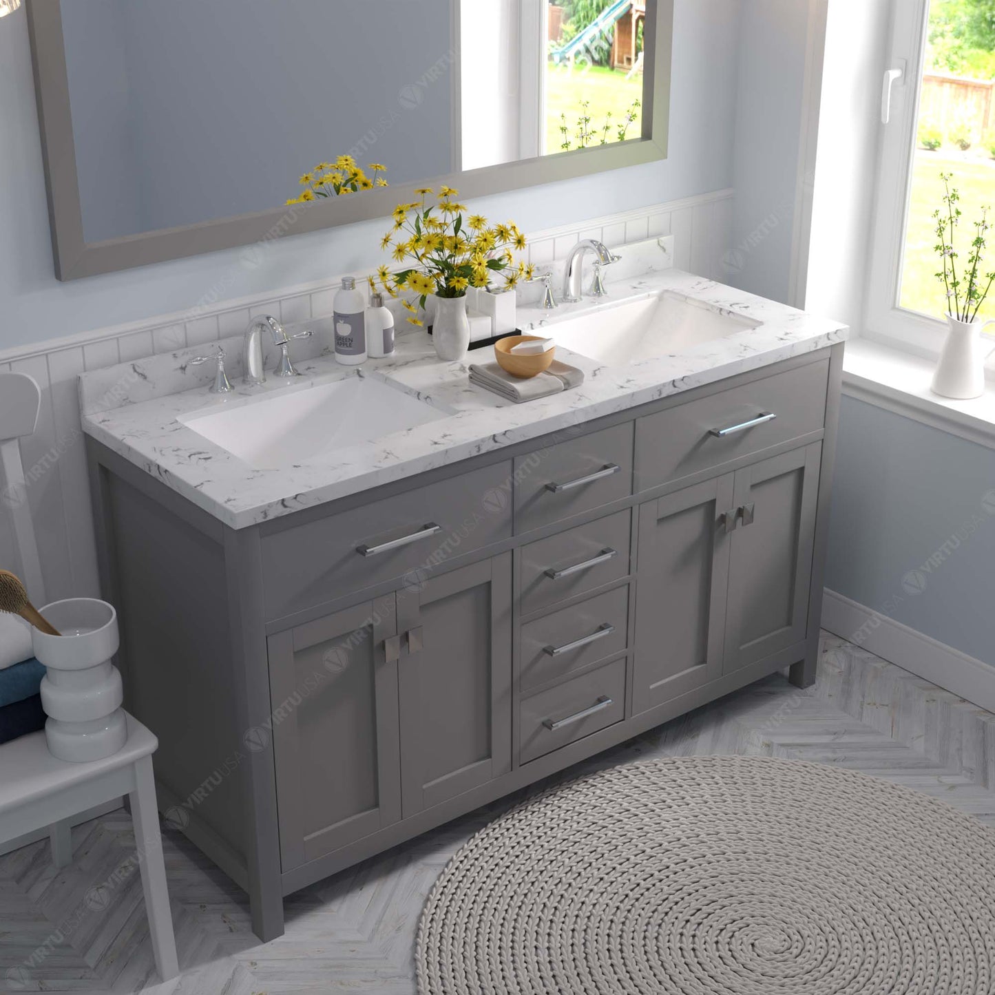 Caroline 60" Double Bath Vanity in Gray with Cultured Marble Quartz Top and Square Sinks