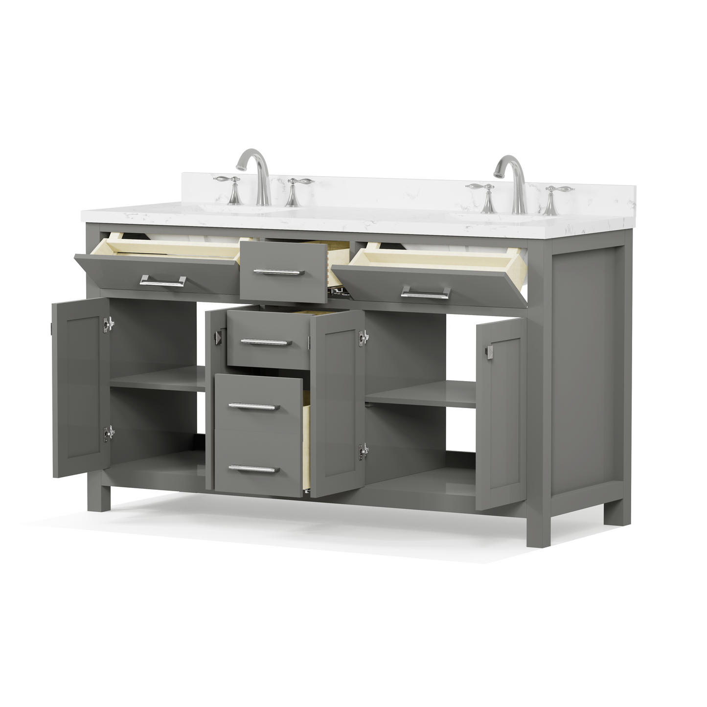 Caroline 60" Double Bath Vanity in Gray with Cultured Marble Quartz Top and Square Sinks