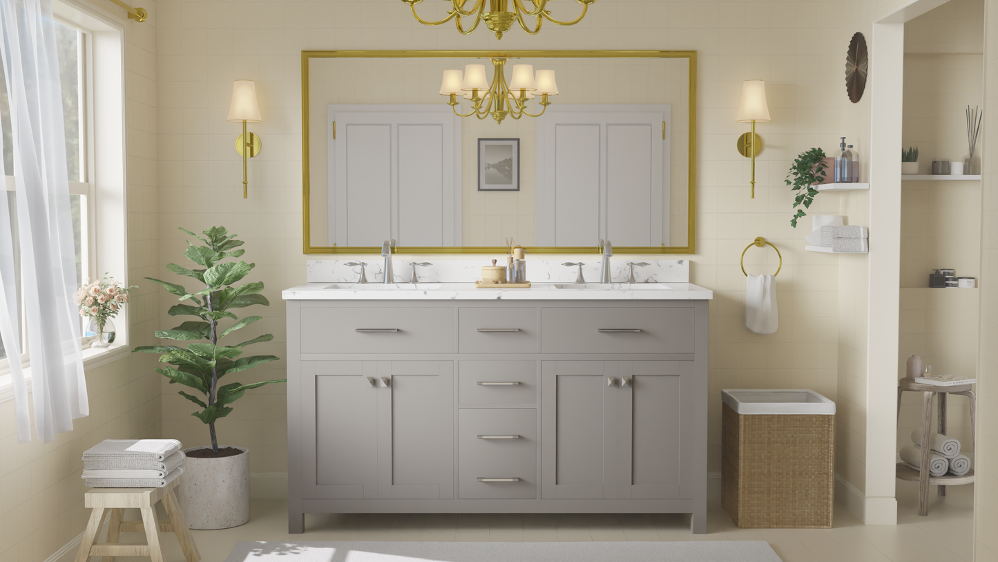 Caroline 60" Double Bath Vanity in Gray with Cultured Marble Quartz Top and Square Sinks