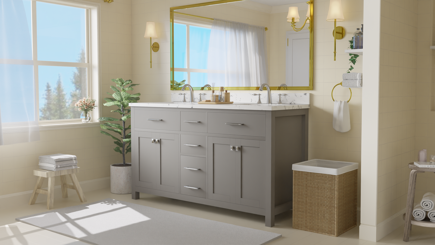 Caroline 60" Double Bath Vanity in Gray with Cultured Marble Quartz Top and Square Sinks