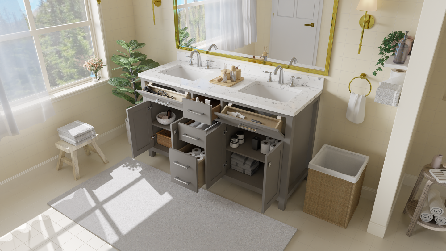 Caroline 60" Double Bath Vanity in Gray with Cultured Marble Quartz Top and Square Sinks