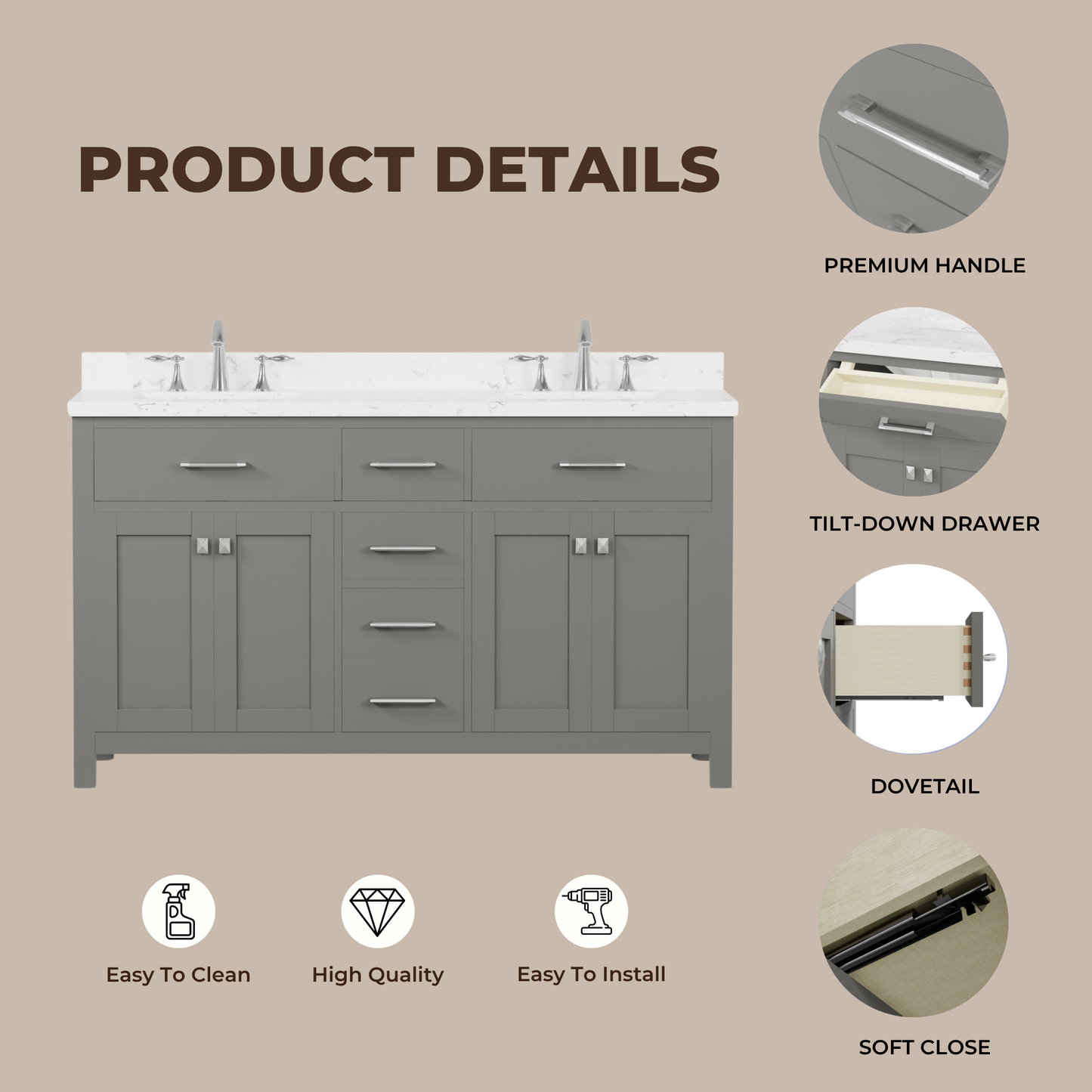 Caroline 60" Double Bath Vanity in Gray with Cultured Marble Quartz Top and Square Sinks