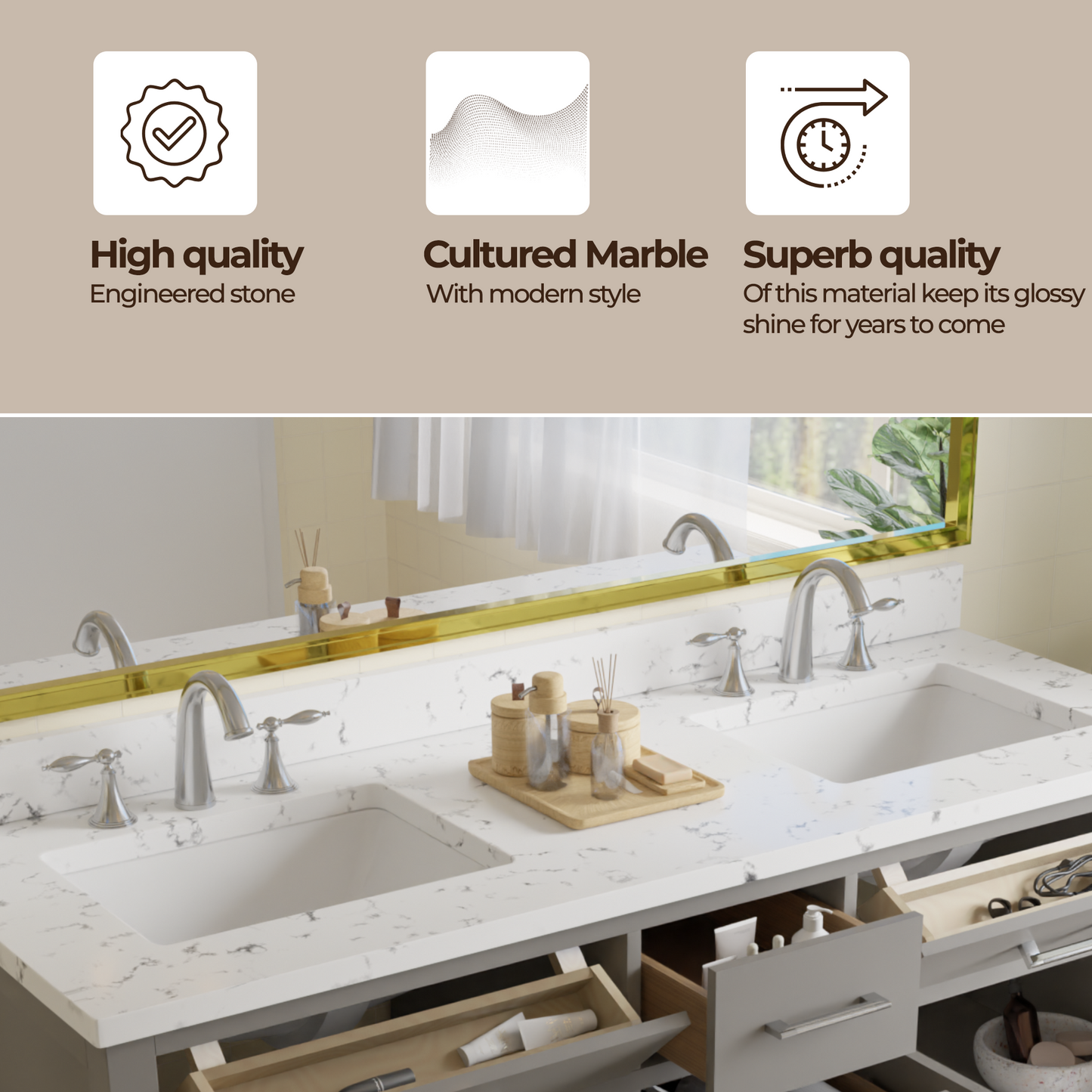 Caroline 60" Double Bath Vanity in Gray with Cultured Marble Quartz Top and Square Sinks