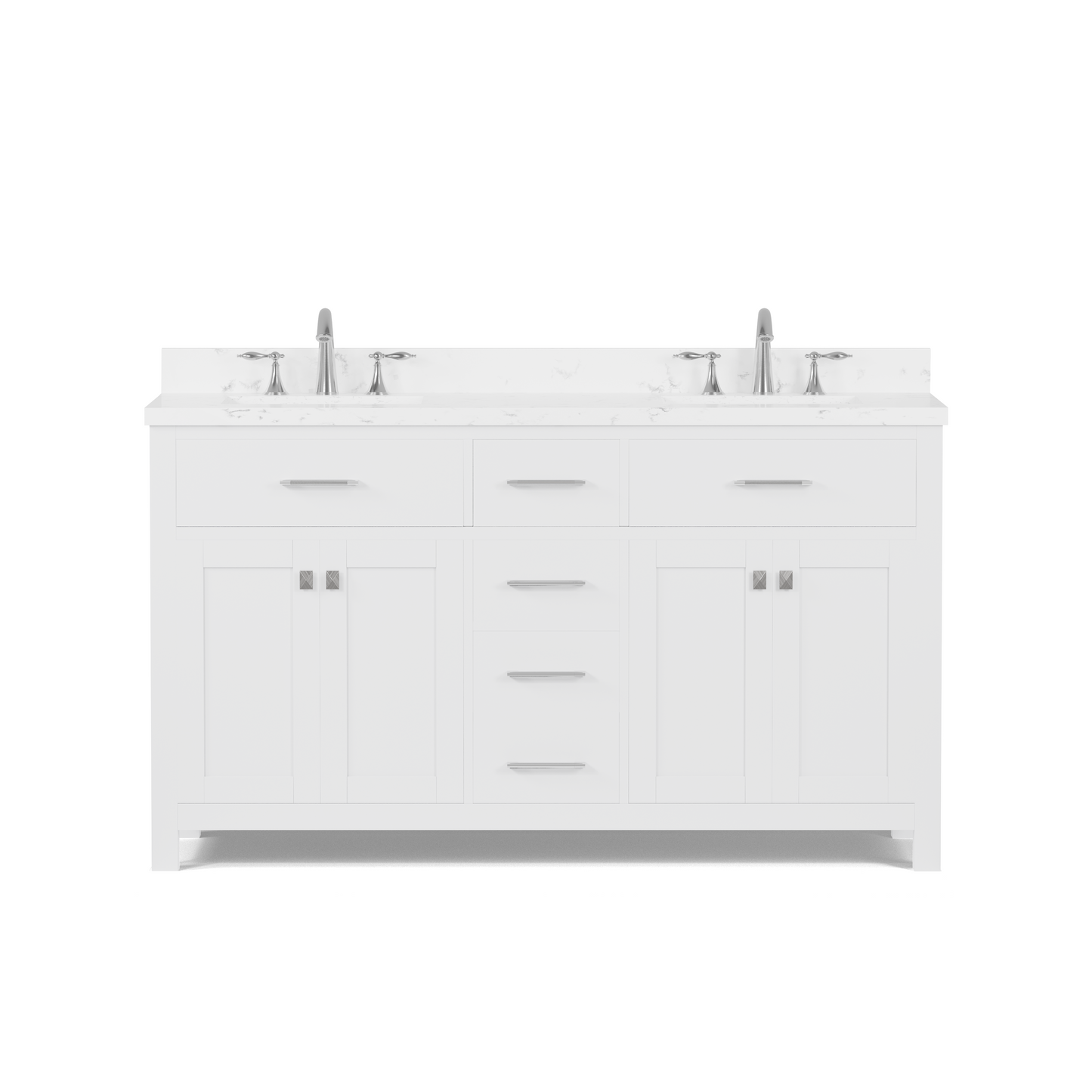 Caroline 60" Double Bath Vanity in White with Cultured Marble Quartz Top and Square Sinks