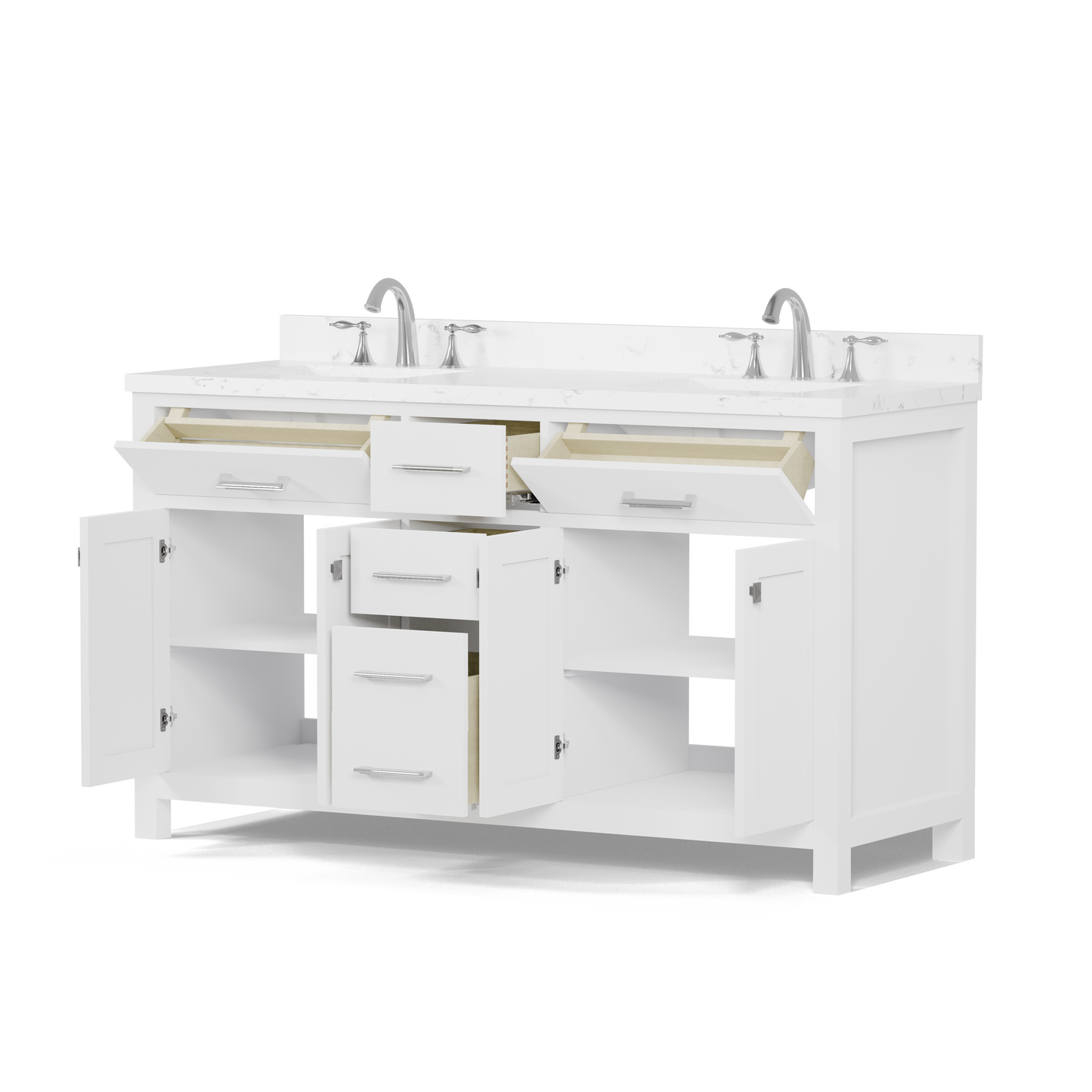 Caroline 60" Double Bath Vanity in White with Cultured Marble Quartz Top and Square Sinks