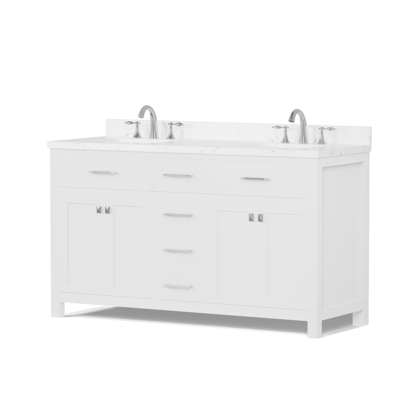 Caroline 60" Double Bath Vanity in White with Cultured Marble Quartz Top and Square Sinks
