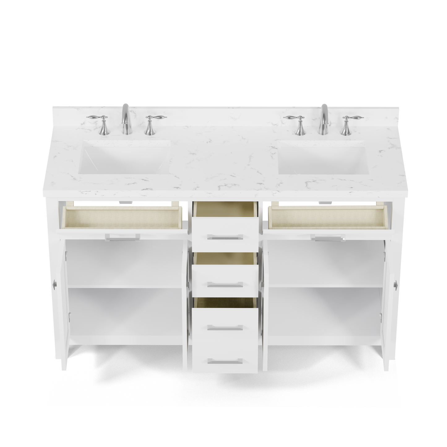 Caroline 60" Double Bath Vanity in White with Cultured Marble Quartz Top and Square Sinks