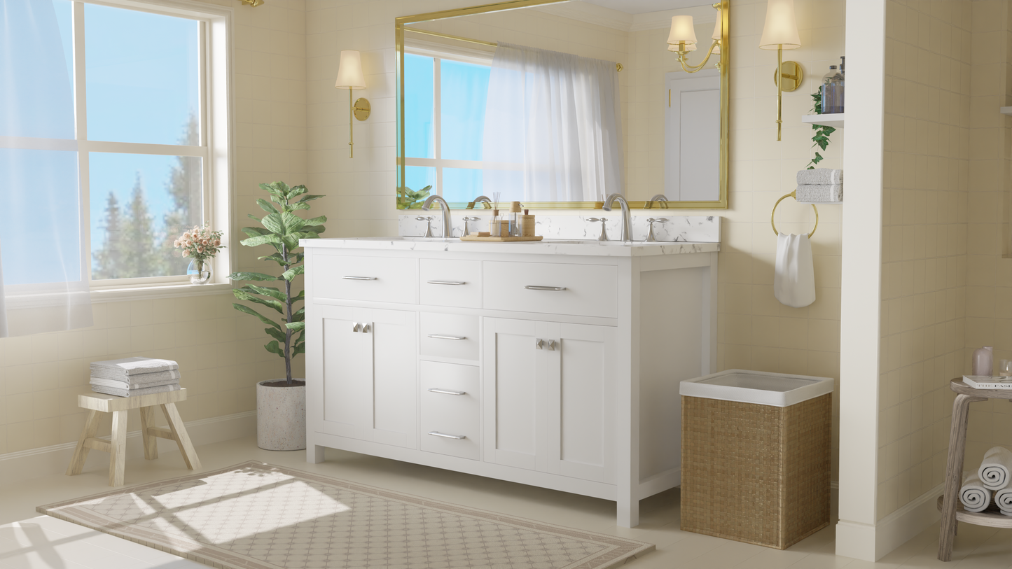 Caroline 60" Double Bath Vanity in White with Cultured Marble Quartz Top and Square Sinks