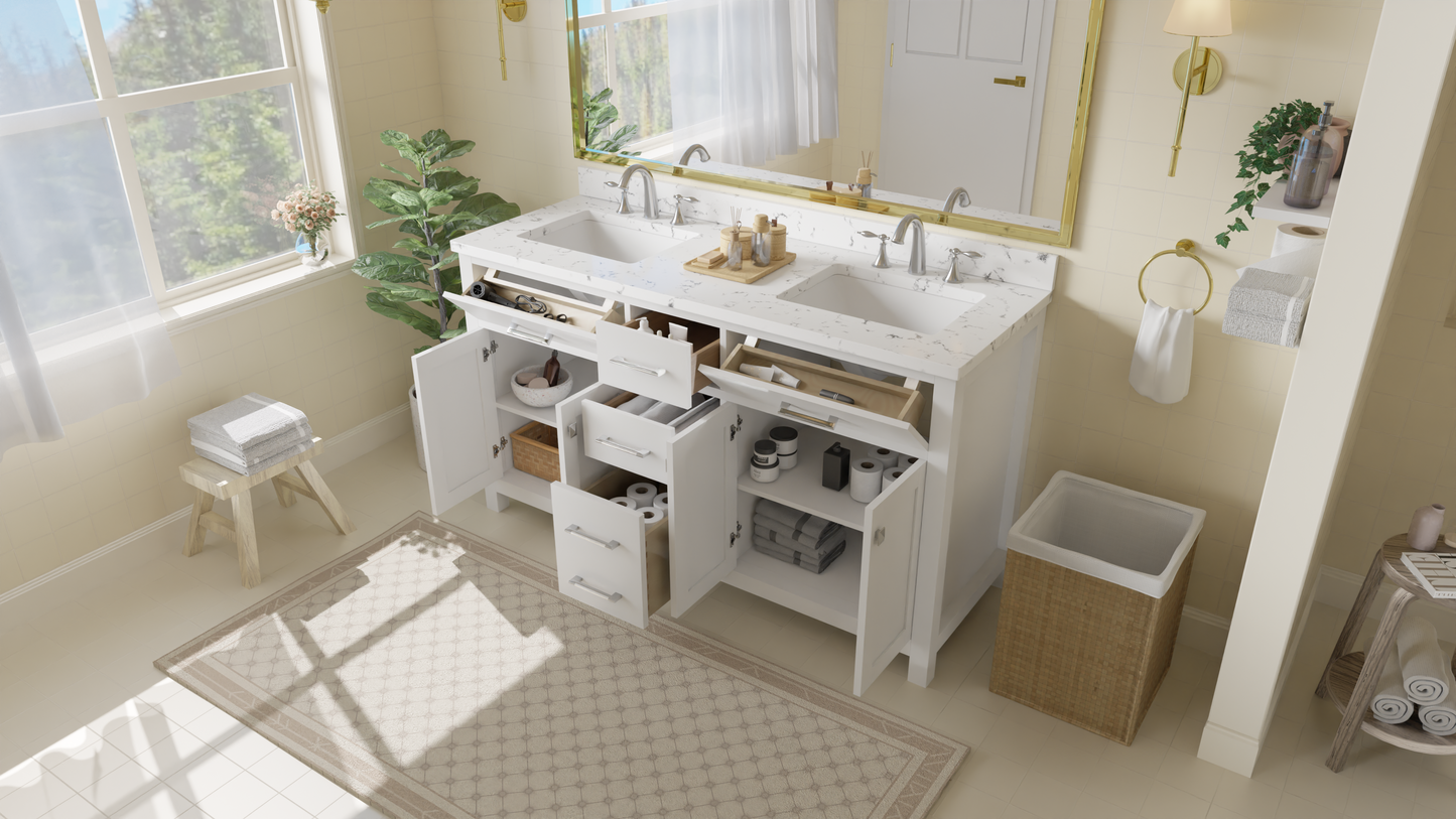 Caroline 60" Double Bath Vanity in White with Cultured Marble Quartz Top and Square Sinks