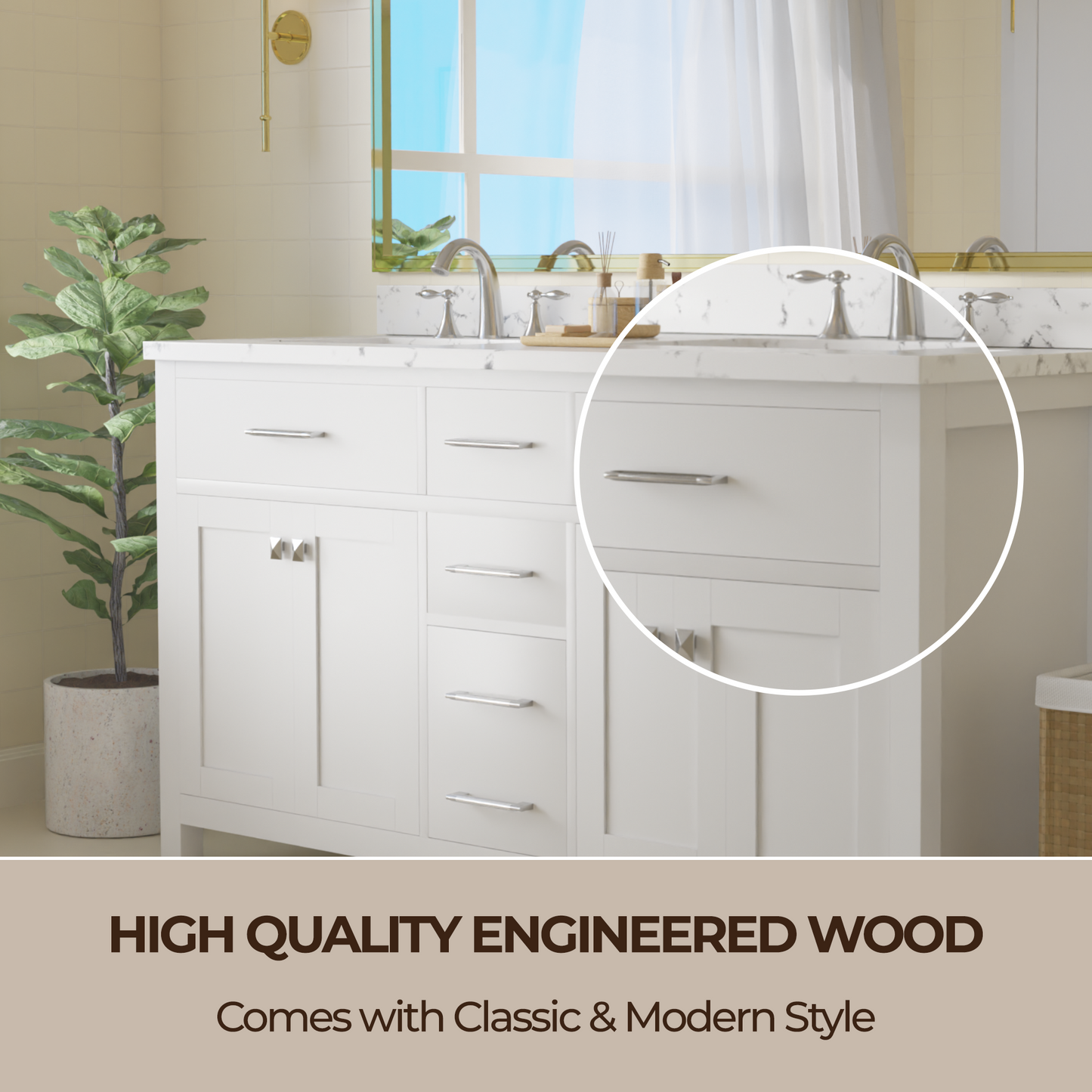 Caroline 60" Double Bath Vanity in White with Cultured Marble Quartz Top and Square Sinks
